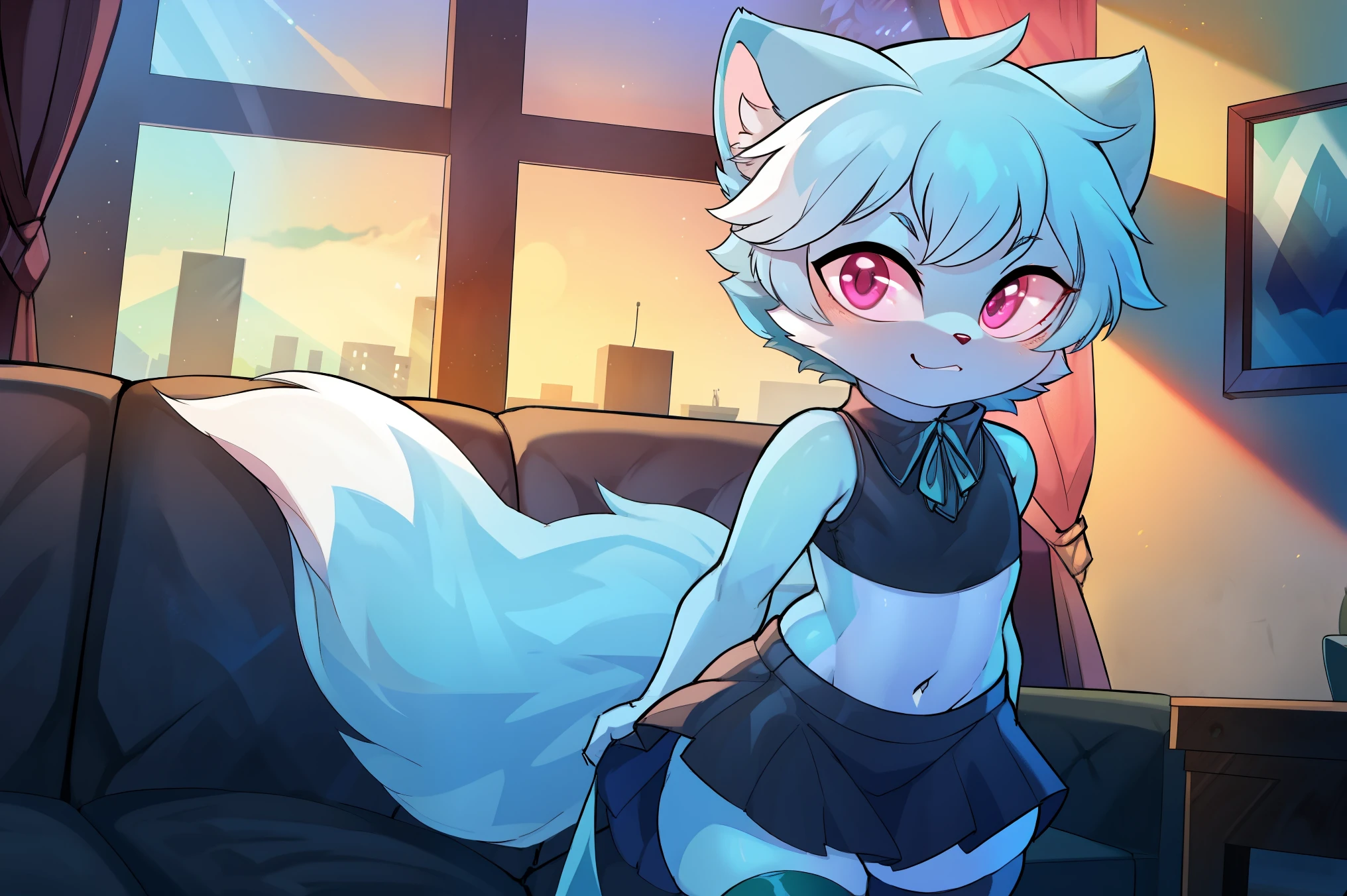 fox, solo, young, ((cub)), (cyan fur), (cyan body), (white secondary fur), pink eyes, medium length hair, cyan hair, thigh highs, small waist, crop top, black skirt, seductive look, standing, inside living room, couch, windows, curtains, couch, table, desk, (up close), looking at viewer, Very good figure, extremely detailed, cinematic lighting, volume lighting, masterpiece, best quality