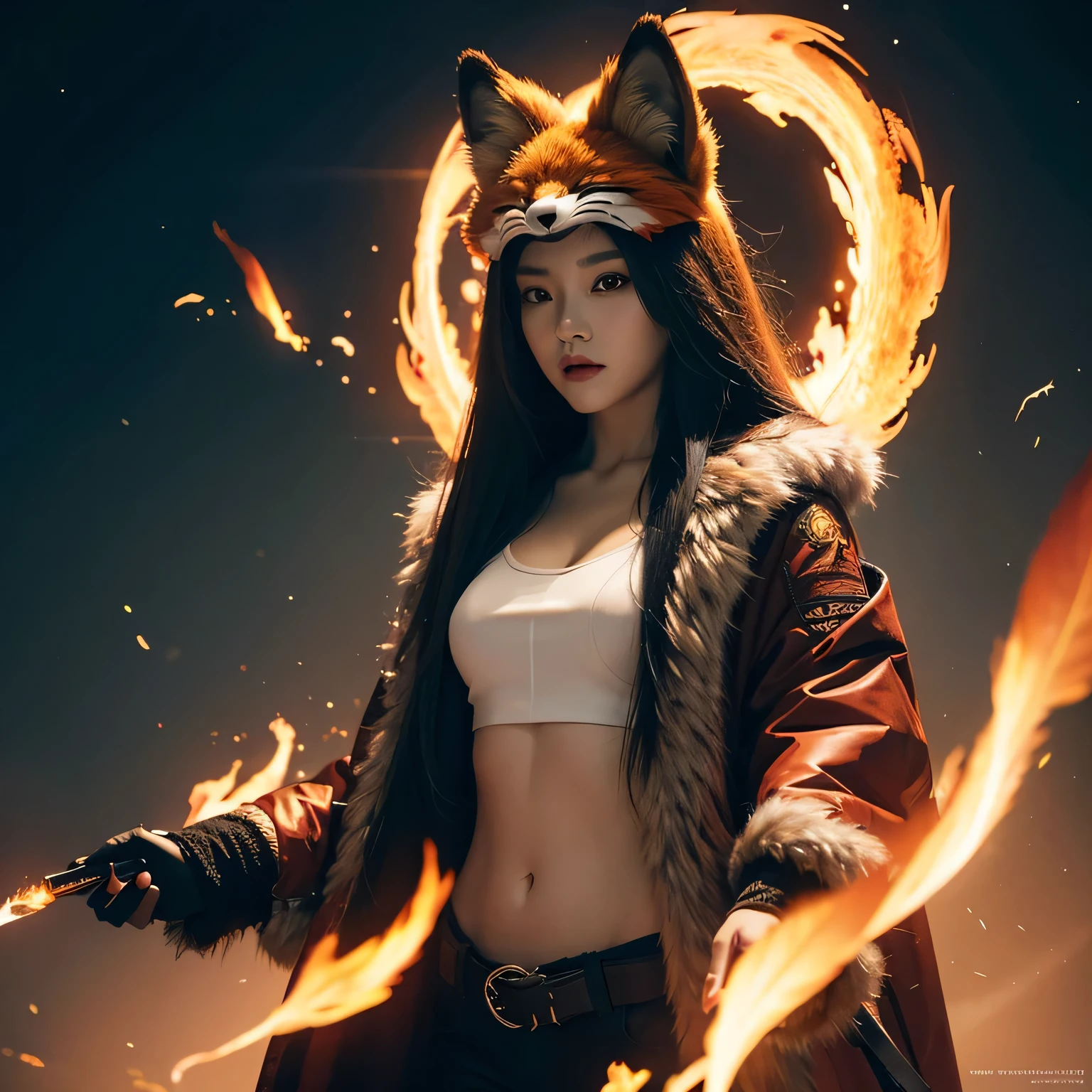 1 girl,alone,, official art, unified 8k wallpaper, Super detailed, fair and aesthetic, fair, masterpiece, best quality,, fox demon, fox mask, Feather jacket, foxfire spell, familiar fox, Transformation,