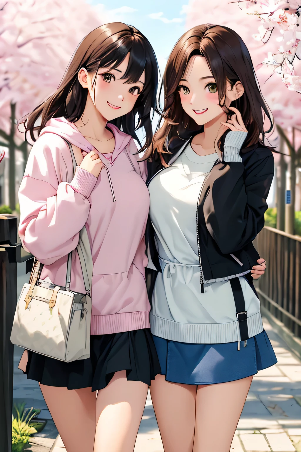 (highest quality:1.4)、ultra high resolution、detailed background、masterpiece、anatomically correct、detailed face、(Detailed beautiful face:1.3)、cute 20&#39;s beauty、brown hair or cute colored hair、(huge breasts:1.2)、realistic、perfect body line、attractive woman、full body shot、cowboy shot、

(Two women having fun with happy expressions:1.5)、
Look at me with a happy expression、smile、A big smile、cute、The gesture of fixing hair that has been disturbed by the wind、cute gesture、
Mode-casual shorts with tight silhouettes and shorts with rounded silhouettes that give a bright impression are popular.、Pay attention to the base and color、
Trends include step-cut one-length bob and wolf cuts.、
The trend for soft, high-layered long hairstyles and hairstyles that surround the face continues、

Pair it with a striped shirt, white bag and shoes for a spring look.、
We recommend knits and cardigans with compact silhouettes.、
Try wearing a sweatshirt or hoodie for a casual look.、
Try choosing a cut-and-sew or pullover.、
Try wearing the vest in a layered style.、

Try choosing a mini skirt or flared skirt、
Complete your outfit with just one dress、
Try wearing this jacket casually and layering it for a fun look.、
Large ribbons that add elegance are in season.、
Especially dark colored ribbons are perfect for adult women.、
Chiffon and chic color ribbon barrette、

Cherry blossom festivals are held in various regions across Japan.、Especially Hirosaki Park in Aomori Prefecture and Philosopher&#39;s Path in Kyoto.、Fukuoka Castle in Fukuoka is famous.、

cute
