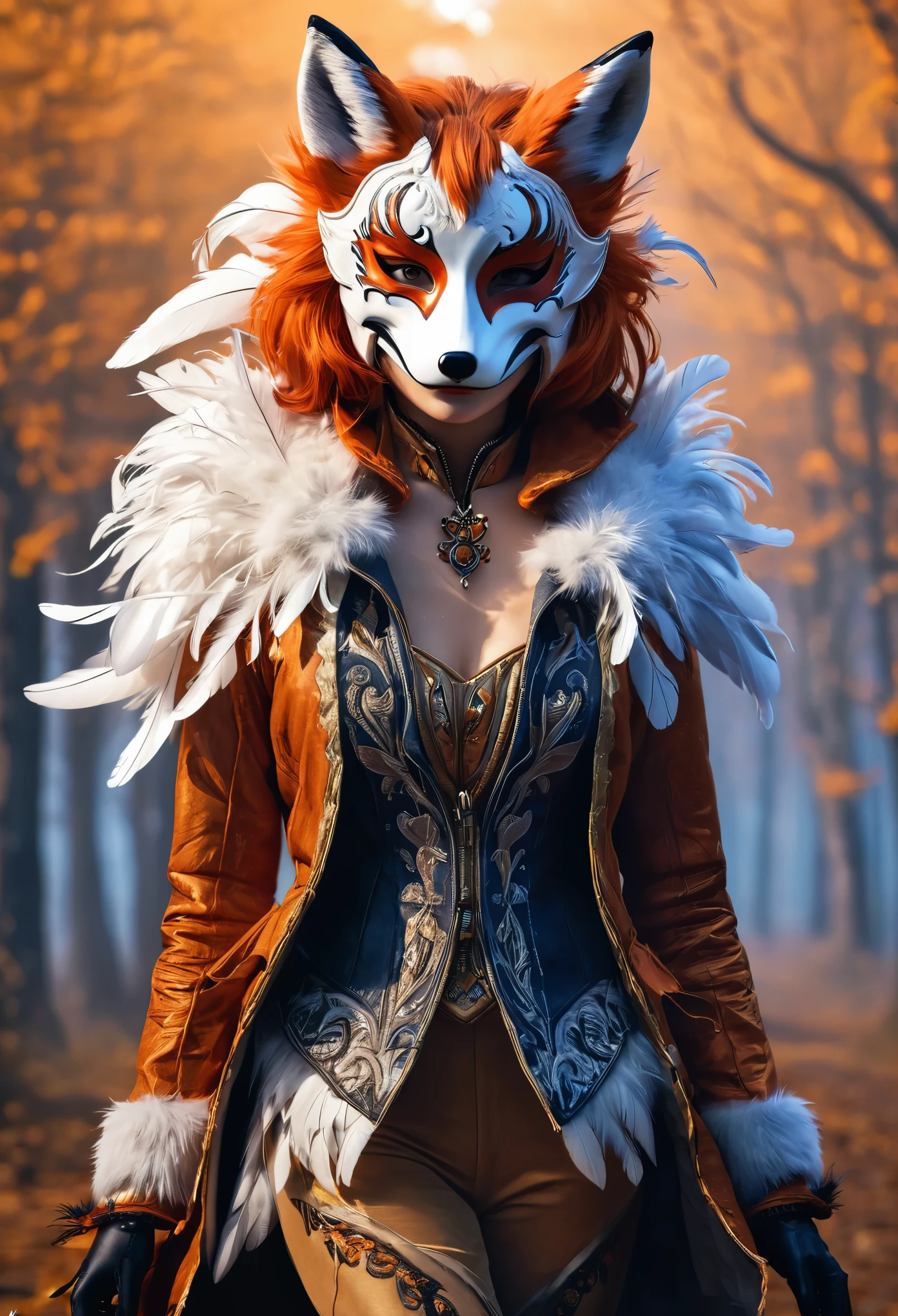 1 girl,alone,, official art, unified 8k wallpaper, Super detailed, fair and aesthetic, fair, masterpiece, best quality,, fox demon, fox mask, Feather jacket, foxfire spell, familiar fox, Transformation,