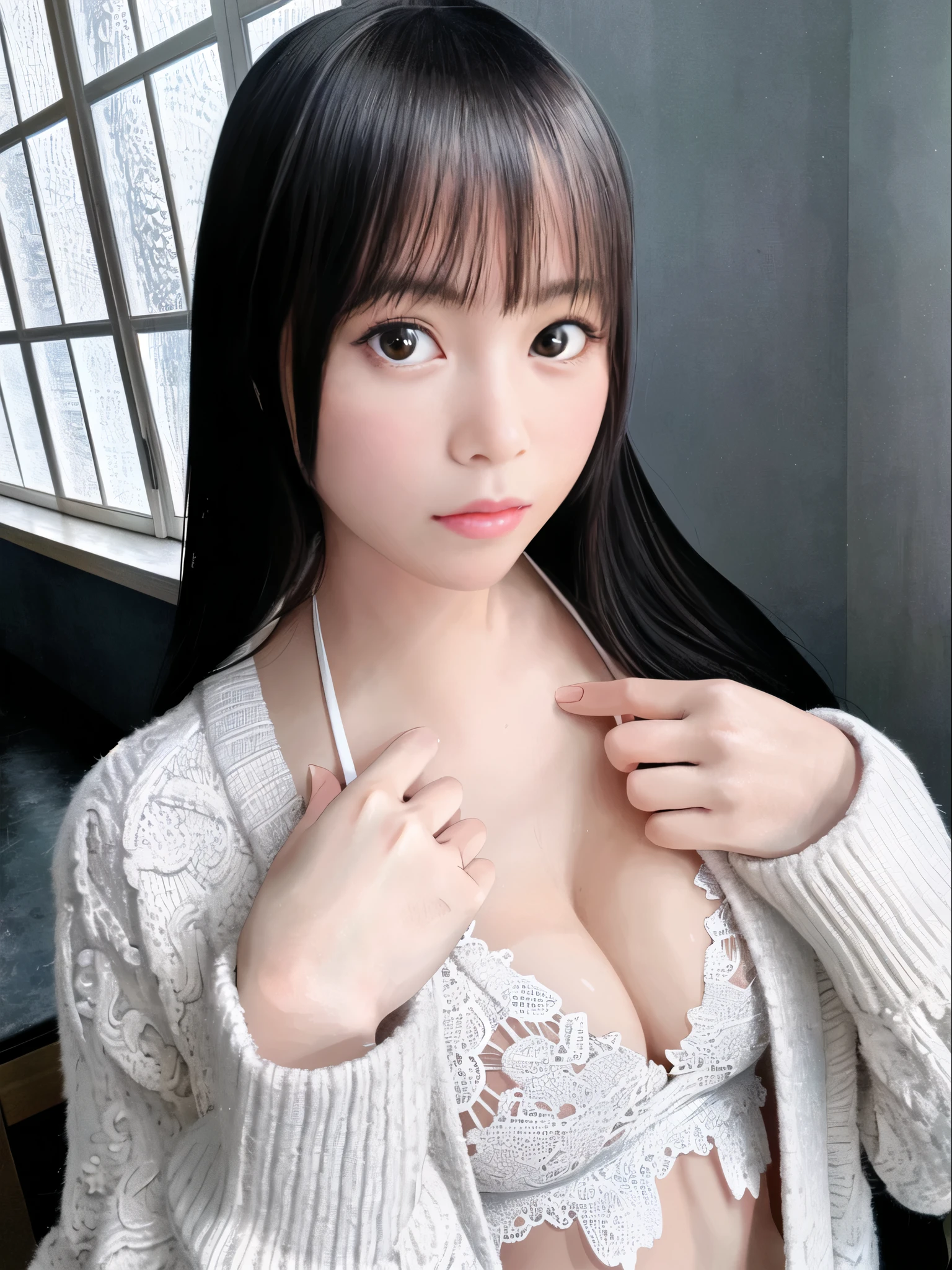 There is a woman taking a picture wearing a white sweater, Yoshitomo Nara, sakimichan, shikamimi, Real young gravure idol, Chiho, Young beautiful girl gravure idol, Beast, Cute girl - well-groomed face, sakimi chan, kotegawa yui