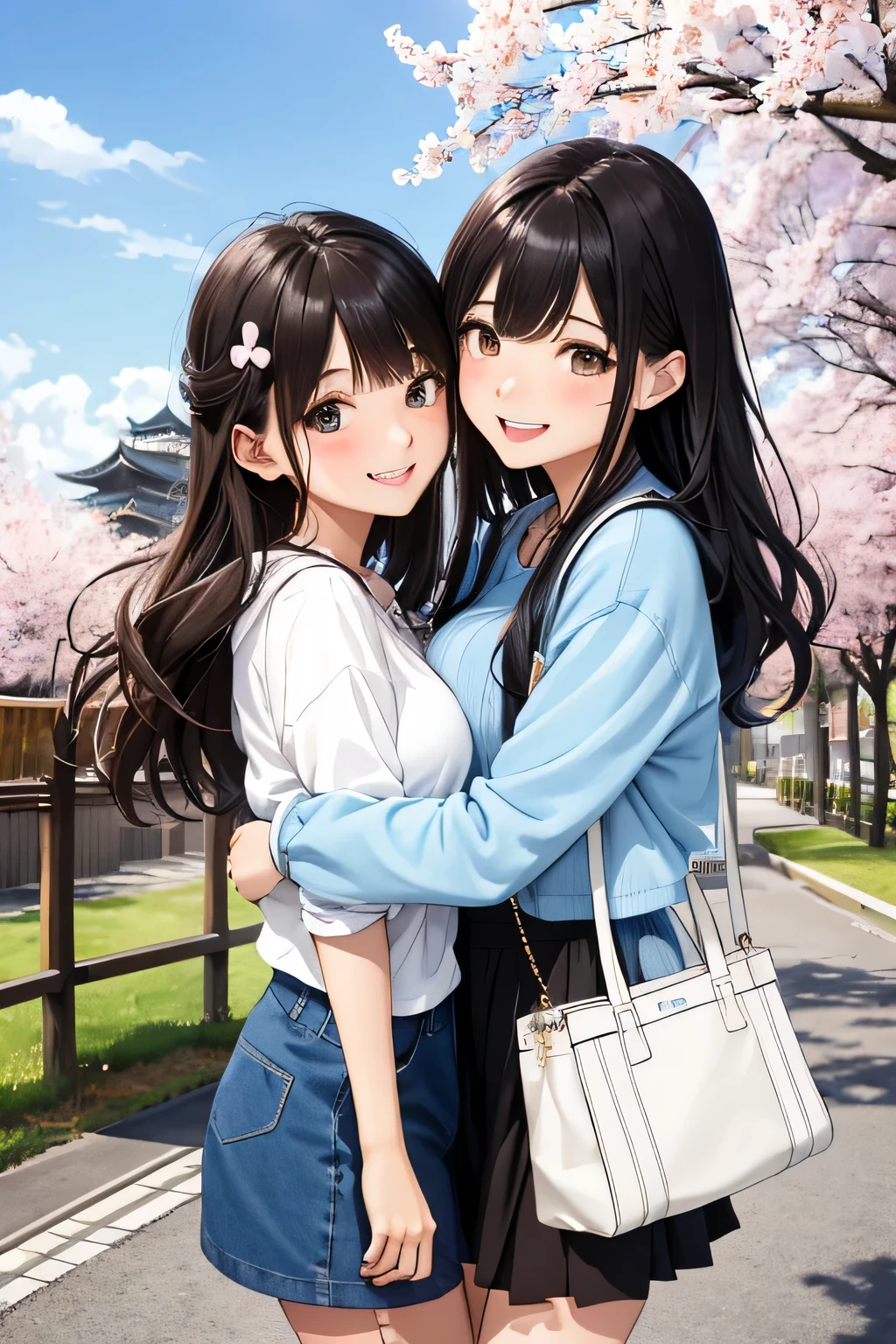 (highest quality:1.4)、ultra high resolution、detailed background、masterpiece、anatomically correct、detailed face、(Detailed beautiful face:1.3)、cute 20's beauty、brown hair or cute colored hair、(huge breasts:1.2)、realistic、perfect body line、attractive woman、full body shot、cowboy shot、
(Two women having fun with happy expressions:1.5)、
Look at me with a happy expression、smile、A big smile、cute、The gesture of fixing hair that has been disturbed by the wind、cute gesture、
Mode-casual shorts with tight silhouettes and shorts with rounded silhouettes that give a bright impression are popular.、Pay attention to the base and color、
Trends include step-cut one-length bob and wolf cuts.、
The trend for soft, high-layered long hairstyles and hairstyles that surround the face continues、
Pair it with a striped shirt, white bag and shoes for a spring look.、
We recommend knits and cardigans with compact silhouettes.、
Try wearing a sweatshirt or hoodie for a casual look.、
Try choosing a cut-and-sew or pullover.、
Try wearing the vest in a layered style.、
narrow flare、Try choosing a mini skirt or flared skirt、
Complete your outfit with just one dress、Try incorporating denim overalls etc.、
Try choosing a blouson or coat made of light sheer material.、
Try wearing this jacket casually and layering it for a fun look.、
Large ribbons that add elegance are in season.、
Especially dark colored ribbons are perfect for adult women.、
Chiffon and chic color ribbon barrette、
Cherry blossom festivals are held in various regions across Japan.、Especially Hirosaki Park in Aomori Prefecture and Philosopher's Path in Kyoto.、Fukuoka Castle in Fukuoka is famous.、cute