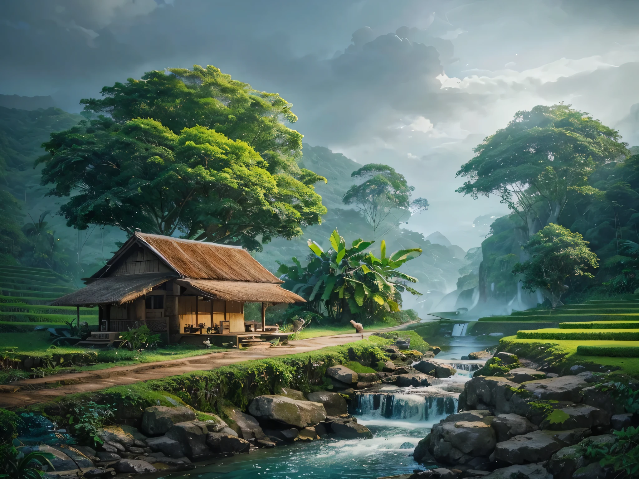 The waterfall flows from between two short cliffs and falls into a clear poolwith clear water and a few natural rocks, there is a  small hut, surrounded by tropical forest plants  such as shady Wood trees, banana trees, a deer is drinking.with a distant backdrop of volcanoes and vast rice fields thick with rice plants, blue sky, bright white clouds, realistic photography.