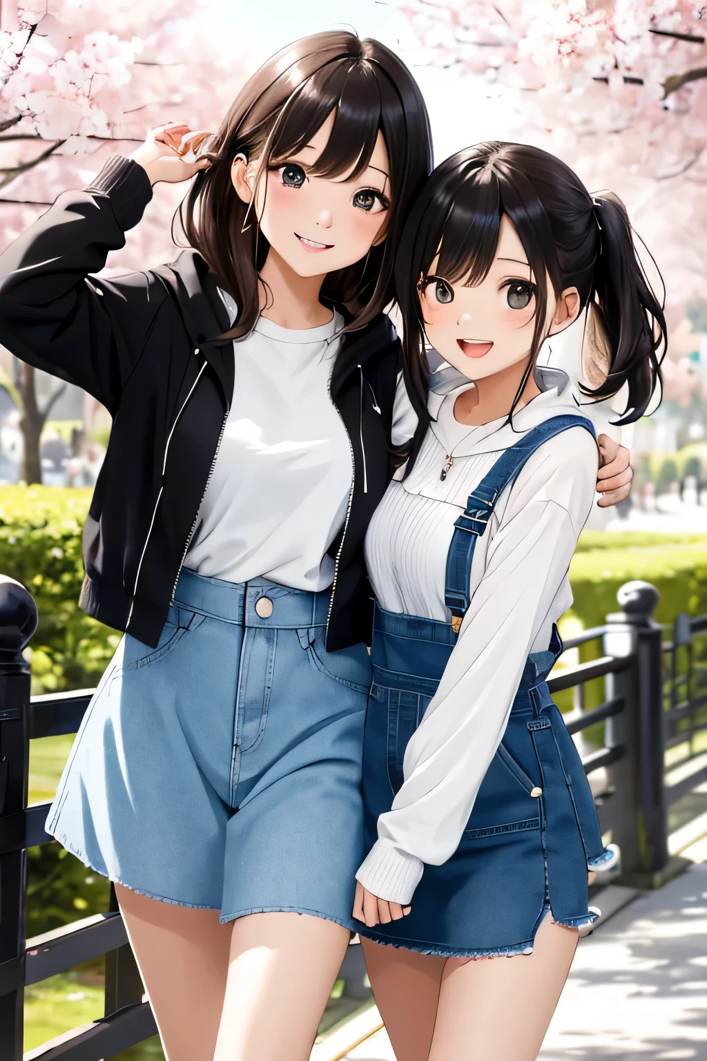 (highest quality:1.4)、ultra high resolution、detailed background、masterpiece、anatomically correct、detailed face、(Detailed beautiful face:1.3)、cute 20's beauty、brown hair or cute colored hair、(huge breasts:1.2)、realistic、perfect body line、attractive woman、full body shot、cowboy shot、
(Two women having fun with happy expressions:1.5)、
Look at me with a happy expression、smile、A big smile、cute、The gesture of fixing hair that has been disturbed by the wind、cute gesture、
Mode-casual shorts with tight silhouettes and shorts with rounded silhouettes that give a bright impression are popular.、Pay attention to the base and color、
Trends include step-cut one-length bob and wolf cuts.、
The trend for soft, high-layered long hairstyles and hairstyles that surround the face continues、
Pair it with a striped shirt, white bag and shoes for a spring look.、
We recommend knits and cardigans with compact silhouettes.、
Try wearing a sweatshirt or hoodie for a casual look.、
Try choosing a cut-and-sew or pullover.、
Try wearing the vest in a layered style.、
narrow flare、Try choosing a mini skirt or flared skirt、
Complete your outfit with just one dress、Try incorporating denim overalls etc.、
Try choosing a blouson or coat made of light sheer material.、
Try wearing this jacket casually and layering it for a fun look.、
Large ribbons that add elegance are in season.、
Especially dark colored ribbons are perfect for adult women.、
Chiffon and chic color ribbon barrette、
Cherry blossom festivals are held in various regions across Japan.、Especially Hirosaki Park in Aomori Prefecture and Philosopher's Path in Kyoto.、Fukuoka Castle in Fukuoka is famous.、cute