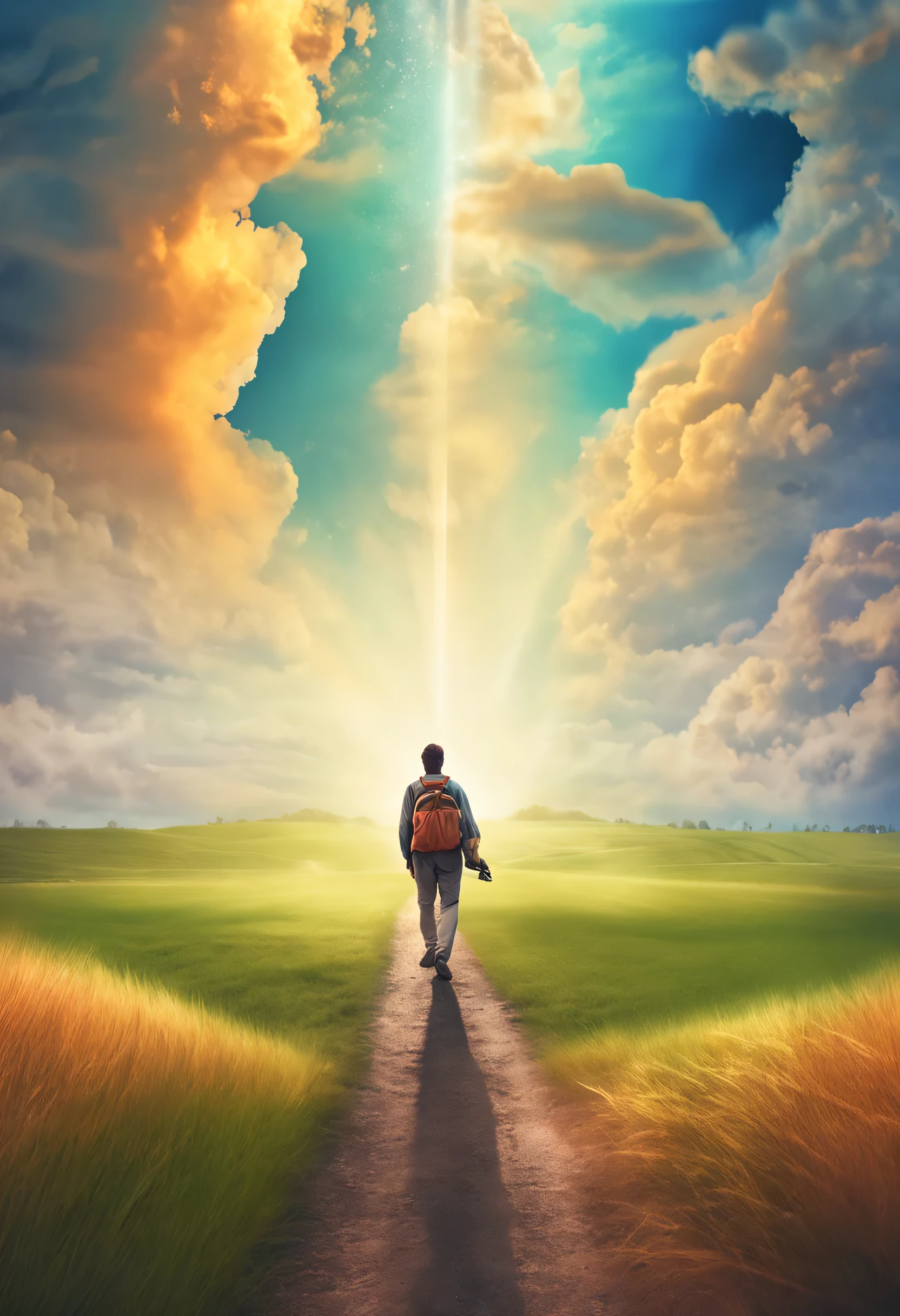 Theme: God with us
Style: Realistic, with vivid colors and contrasts
Elements: A person walking through a green field, holding a bible in their right hand and a bright light in their left hand. The light illuminates the person’s path and forms the word “God” in the clouds. The sky is blue and the clouds are white. The image conveys peace, trust and joy.