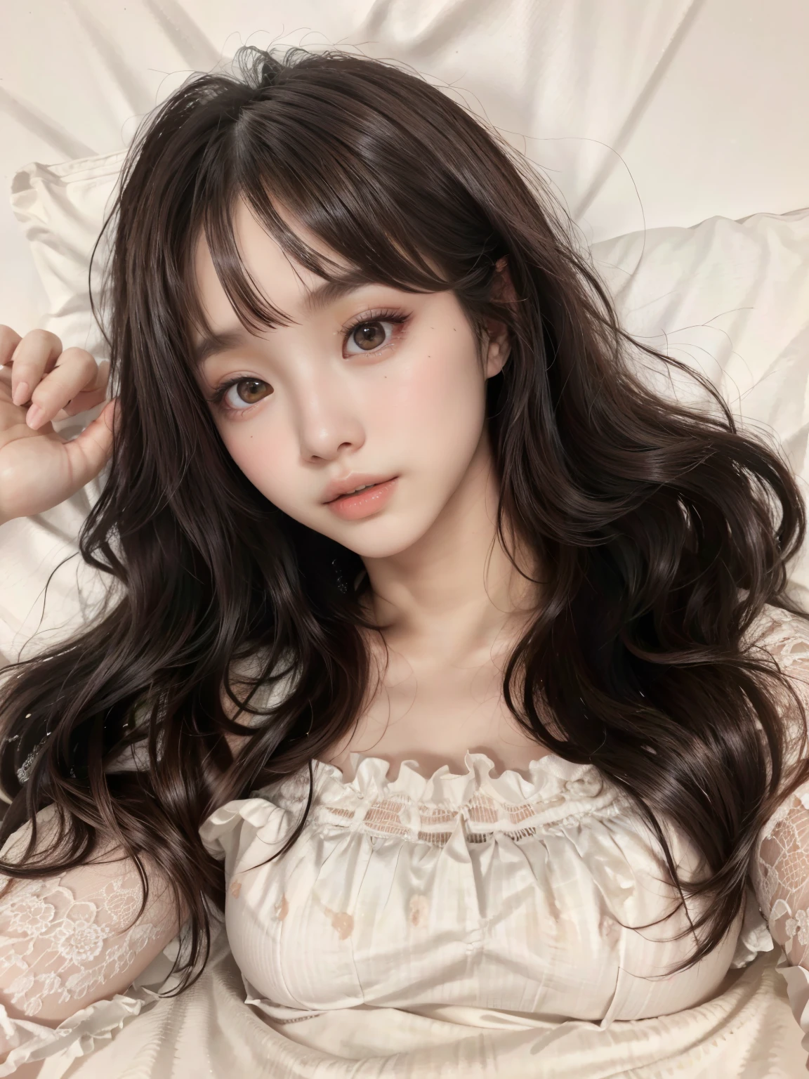 a close-up of a woman lying in bed with a white sheet, ulzzang, Lalisa Manobal, muchacha coreana, long hair con flequillo, hermosa mujer surcoreana, pelo largo con flequillo completo, she has black hair con flequillo, neat hair con flequillo, hermosa joven coreana, hermosa joven coreana, joven y adorable rostro coreano, con flequillo