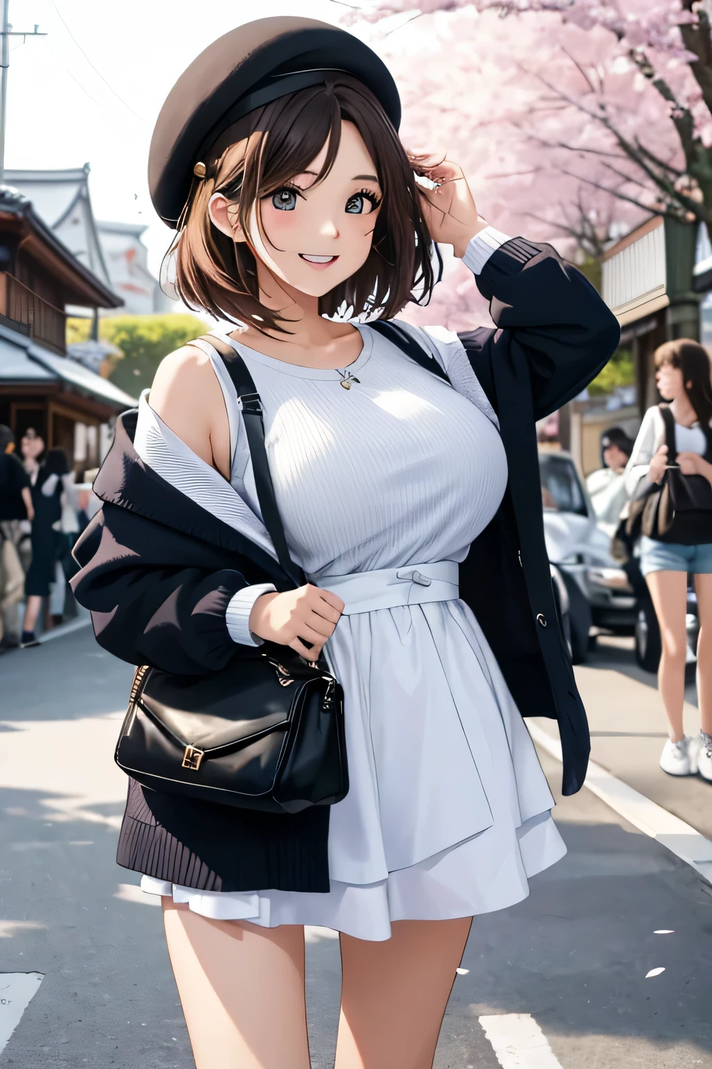 (highest quality:1.4)、ultra high resolution、detailed background、masterpiece、anatomically correct、detailed face、(Detailed beautiful face:1.3)、cute 20's beauty、brown hair or cute colored hair、(huge breasts:1.3)、realistic:1.2、perfect body line、attractive woman、cowboy shot、
(Two women having fun with happy expressions:1.5)、cowboy shot、
Look at me with a happy expression、smile、A big smile、cute、The gesture of fixing hair that has been disturbed by the wind、cute gesture、
Mode-casual shorts with tight silhouettes and shorts with rounded silhouettes that give a bright impression are popular.、Pay attention to the base and color、
Trends include step-cut one-length bob and wolf cuts.、
The trend for soft, high-layered long hairstyles and hairstyles that surround the face continues、
Pair it with a striped shirt, white bag and shoes for a spring look.、
We recommend knits and cardigans with compact silhouettes.、
Try wearing a sweatshirt or hoodie for a casual look.、
Try choosing a cut-and-sew or pullover.、
Try wearing the vest in a layered style.、
narrow flare、Try choosing a mini skirt or flared skirt、
Complete your outfit with just one dress、
Try wearing this jacket casually and layering it for a fun look.、
A beret is an item that can create a French chic atmosphere.、Choose a beret in a light color or soft material to create a spring-like lightness.、
Cherry blossom festivals are held in various regions across Japan.、Especially Hirosaki Park in Aomori Prefecture and Philosopher's Path in Kyoto.、Fukuoka Castle in Fukuoka is famous.、cute