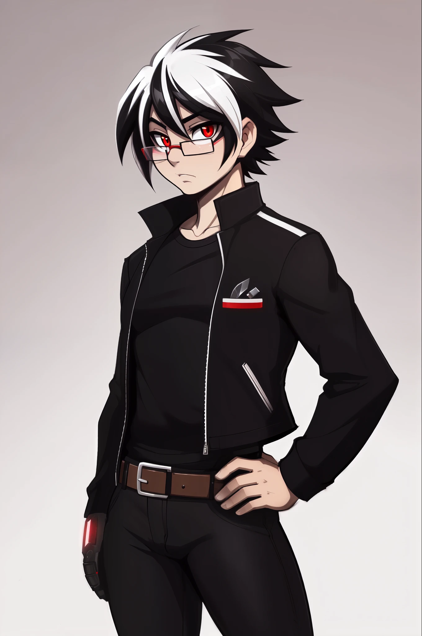 (adult, sketch-ish, 2d, absurdres, cel-shaded, best quality, uploaded on e621, trending on deviantart:1.5), (by john joseco:1.3), (by drako1997, by kadath:1.1), (by zeekzag:1.4), (by scappo, by kanel), [by pgm300], ((no background:1.4)), (bust portrait), (glasses), (red eyes:1.3), (human, male), young adult, solo, (focused and neutral expression), (grey jacket with yellow shirt:1.2), (belt, black jeans), (spike side-parted fringe, two-tone hair, multicolored hair, black hair, white hair, white streaks), (really thin simple eyebrows:1.3), (fix hair)