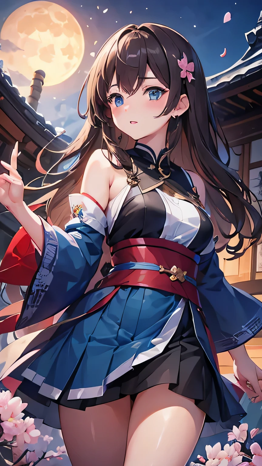 1 female、whole body、bottom corner、brown hair、long hair、Well groomed face、thick lips、blue eyes、blue one、valley、Slim、mini skirt、Cherry blossoms、Cherry blossoms吹雪、petal、Kyoto、ancient building、night、full moon、masterpiece、ultra high resolution、Beautifully、perfect lighting、Sunlight、16K、anime characters