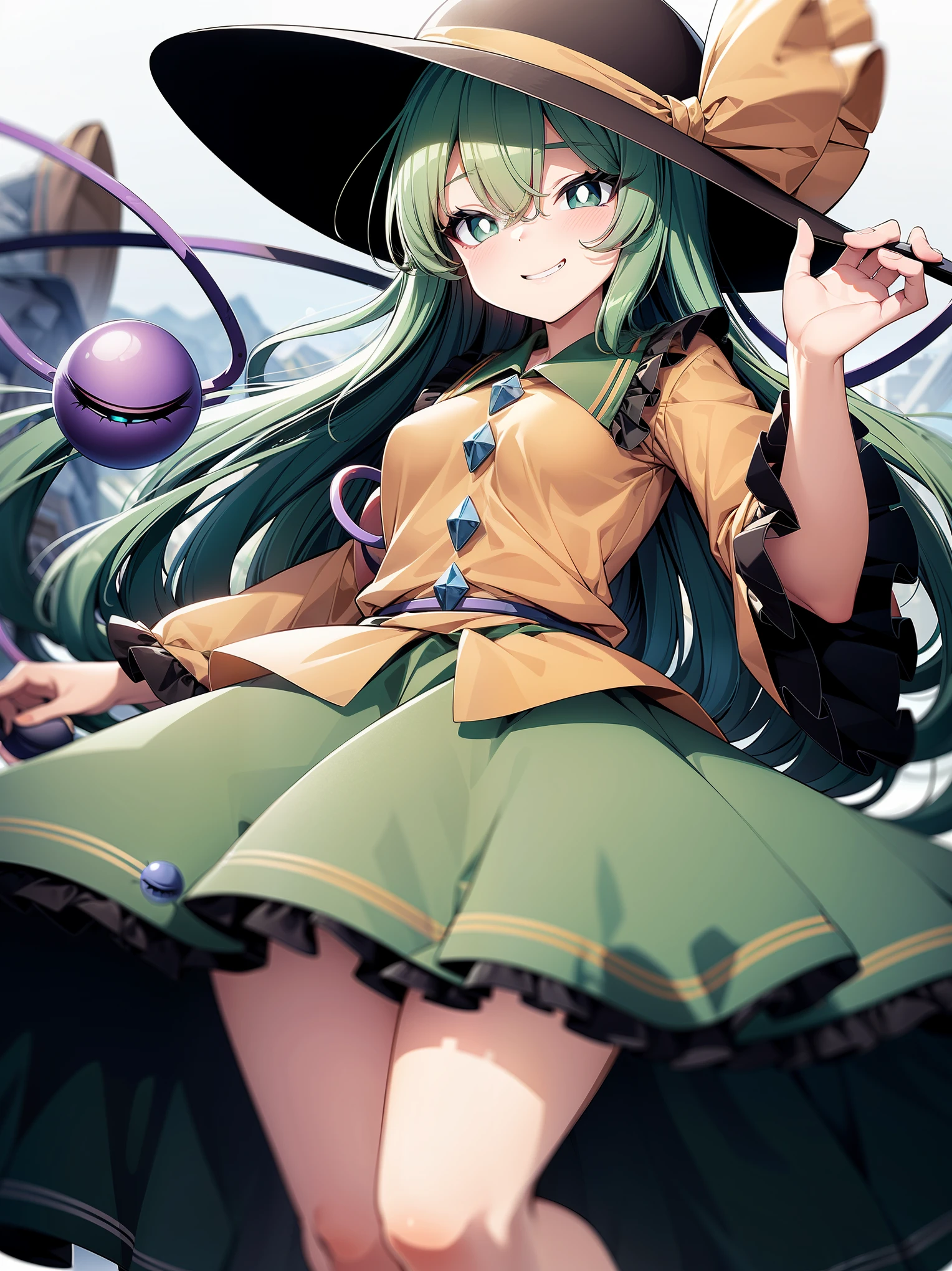 (Cowboy shot), (ultra-high resolution, depth of field:1.2), looking at viewer, (komeiji koishi:1.25), Touhou, medium breasts, (dark green eyes), white pupils, glowing eyes, green hair, wavy hair, (long hair), (wearing a white sundress). A closed, blue-purplish "third eye" is positioned over her heart, with cords wrapped around her torso and attached to each of her ankles, valley scenery, grinning, squinting eyes