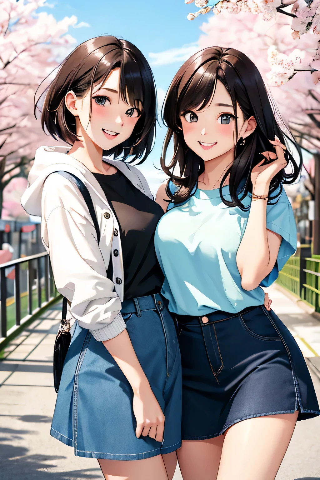 (highest quality:1.4)、ultra high resolution、detailed background、masterpiece、anatomically correct、detailed face、(Detailed beautiful face:1.3)、cute 20's beauty、brown hair or cute colored hair、(huge breasts:1.3)、realistic、perfect body line、attractive woman、Show the whole body、
(Two women having fun with happy expressions:1.5)、cowboy shot、
Look at me with a happy expression、smile、A big smile、cute、The gesture of fixing hair that has been disturbed by the wind、cute gesture、
Mode-casual shorts with tight silhouettes and shorts with rounded silhouettes that give a bright impression are popular.、Pay attention to the base and color、
Trends include step-cut one-length bob and wolf cuts.、
The trend for soft, high-layered long hairstyles and hairstyles that surround the face continues、
Pair it with a striped shirt, white bag and shoes for a spring look.、
We recommend knits and cardigans with compact silhouettes.、
Try wearing a sweatshirt or hoodie for a casual look.、
Try choosing a cut-and-sew or pullover.、
Try wearing the vest in a layered style.、
narrow flare、Try choosing a mini skirt or flared skirt、
Complete your outfit with just one dress、
Try wearing this jacket casually and layering it for a fun look.、
Cherry blossom festivals are held in various regions across Japan.、Especially Hirosaki Park in Aomori Prefecture and Philosopher's Path in Kyoto.、Fukuoka Castle in Fukuoka is famous.、cute