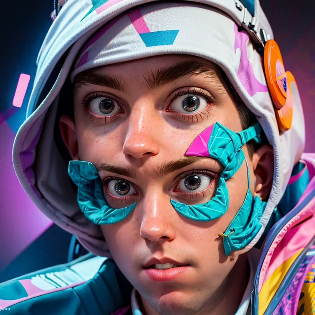 coopie, 1boy, a guy merging into a geometric pattern, flat 2d design, abstract style, non-realistic, Surrealism, Futurism, Abstract expressionism, super detail, best quality, 8k, high key lighting, psychedelic vibes, bizzare composition