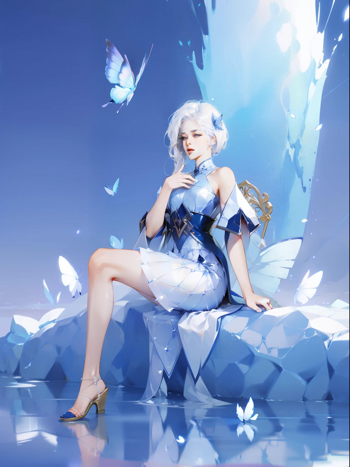 1 girl，clear water，blue butterfly，Pure white gauze skirt，sparkling，sit in the air
