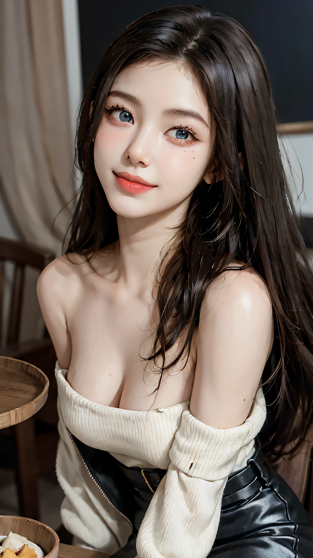 (table top:1.3, Photoreal:1.4, 8K), highest quality, masterpiece, 超A high resolution, perfect dynamic composition, Highly detailed skin and facial textures:1.3, detailed eye, Detail of limbs, spring street corner:1.1, 1 girl, cute sexy 25 year old woman, Fair skin, tilt your head, ((embarrassing smile:0.9, will fascinate you fiercely:1.1)), (She is wearing a shiny satin violet off-shoulder sweater.:1.1), big breasts:0.6, cleavage:0.6, ((beautiful blue eyes, Eyes that feel beautiful eros:0.85)), internal, Black High Waist Short Skirt, beautiful feet, sexy face:0.4, blush:1.1, ((A taste that gives you a beautiful sense of eroticism:0.85)), ((Too erotic:0.9))