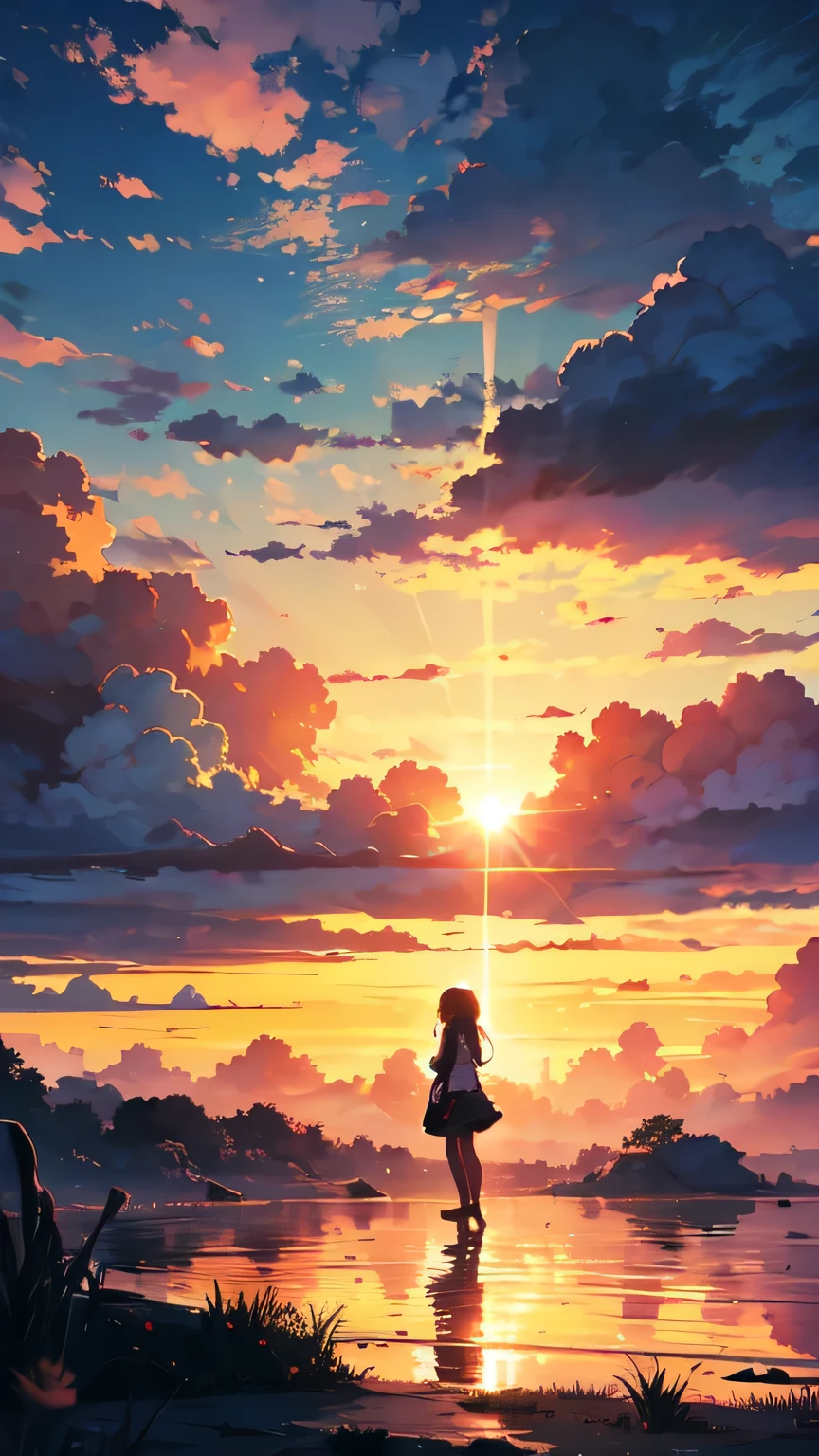 "A captivating sunset moment with a girl enchanted by the magnificent golden sunlight and billowing clouds, evoking a sense of awe and vibrant colors. Masterpiece."