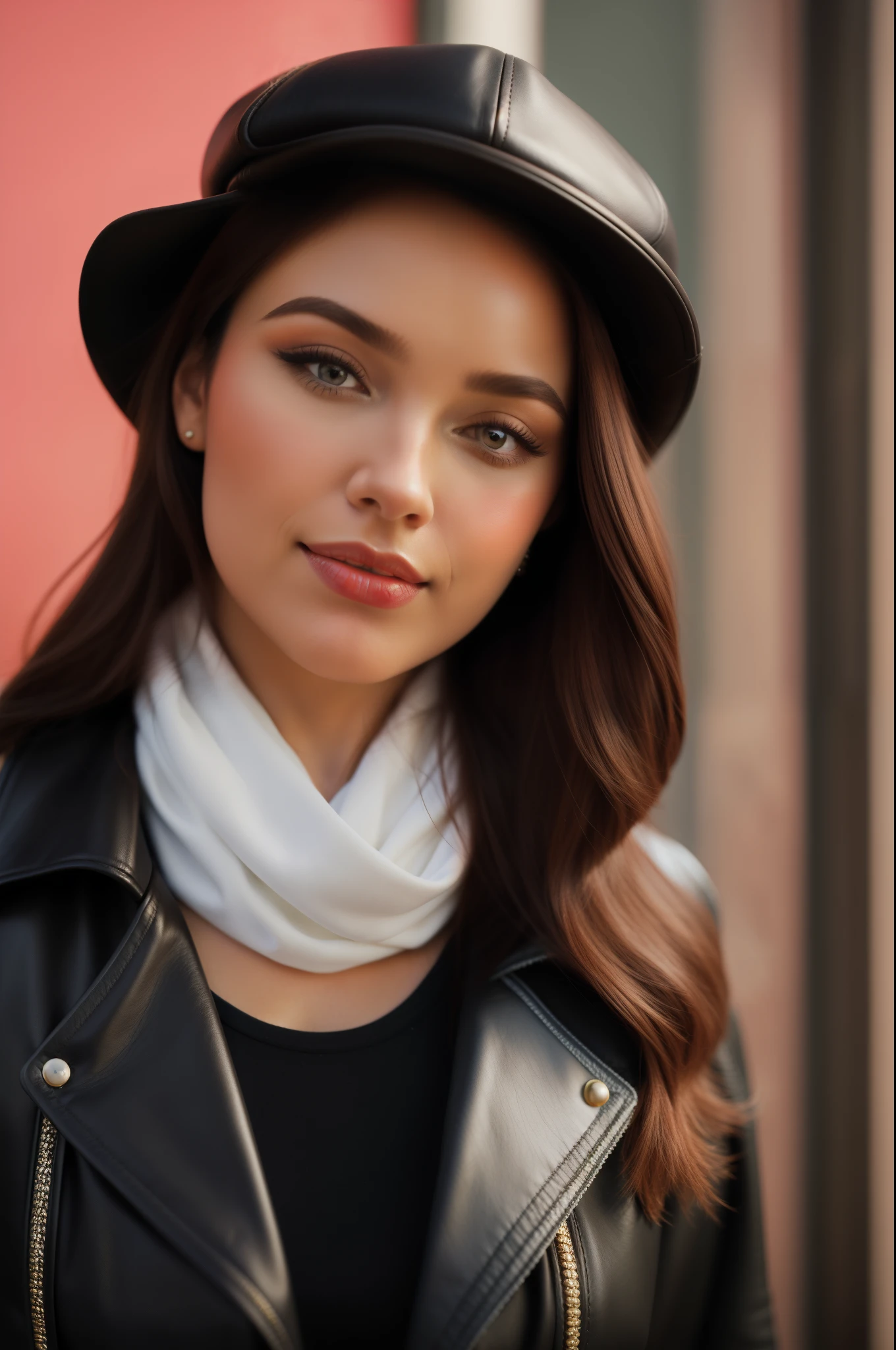 Hyper-realistic portrait 8K resolution and intensely high level of details upper body, professional photo, a portrait of an exotic, ethereal, dream beauty argentinian woman with super long, flowing, silky and glowing brown hair, fair porcelain skin delicately adorned with soft makeup and perfect red lipstick, she wears a stylish black leather jacket, a newsboy cap and a white scarf. She's glad, and she's smiling at camera.