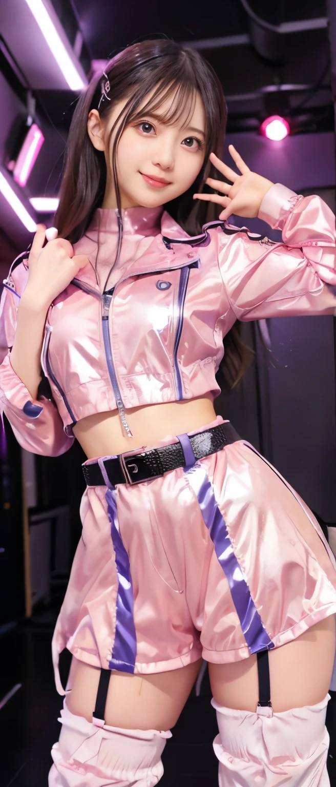 cool cyber idol girl、、Shiny pink mini costume、、、good style、whole body、、shiny belt、Cyber Jacket