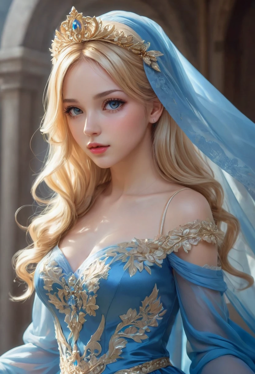 Blonde woman in a blue dress with a veil on her head, beautiful fantasy maiden, detailed fantasy art, beautiful fantasy art, blonde hair princess, art station artgerm on pixiv, beautiful maiden, ((beautiful fantasy empress)), 2. 5d cgi anime fantasy artwork, fantasy art style, detailed digital anime art, fantasy style art