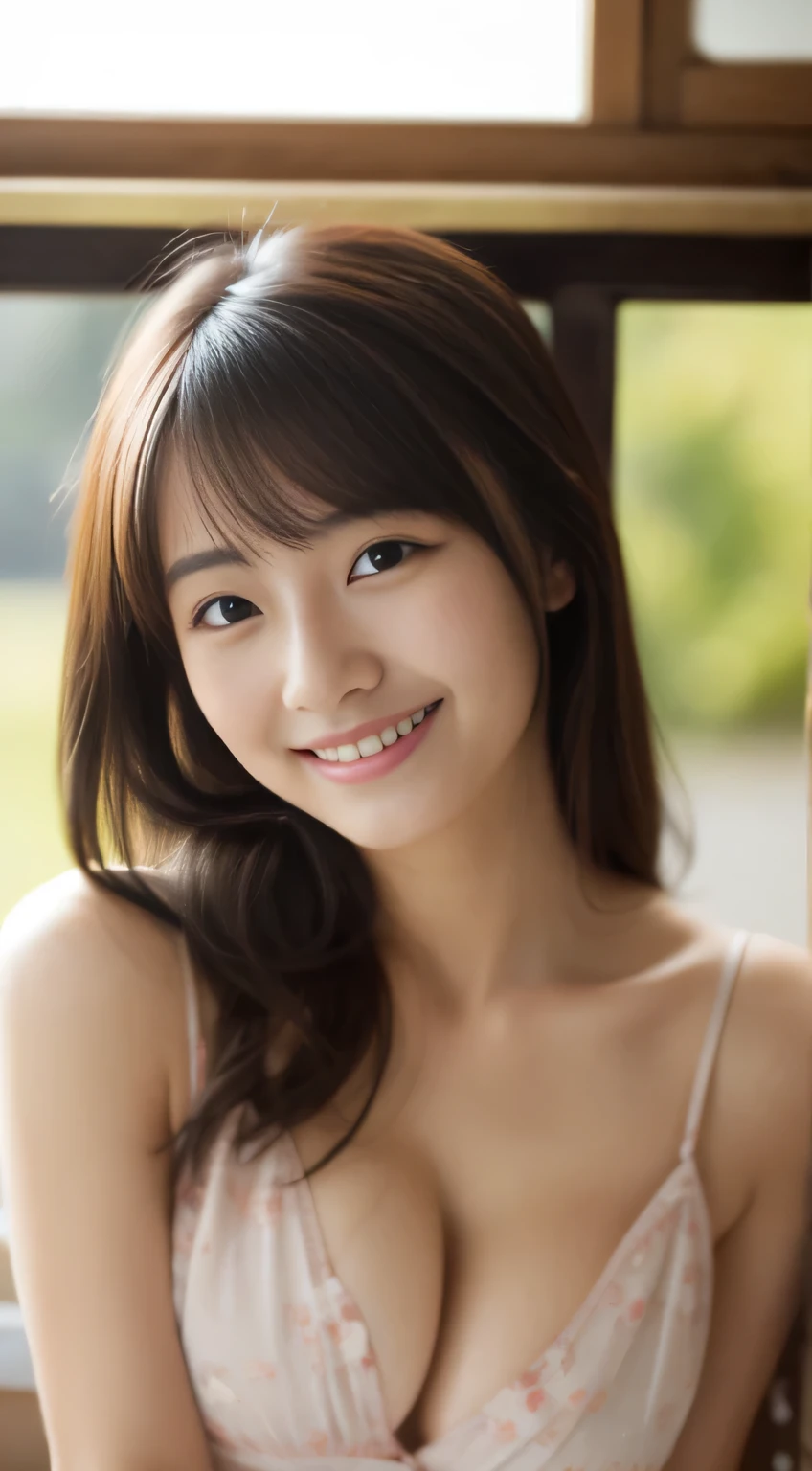 masterpiece,best quality,(Japanese ),((Beautiful girl)),cleavage,indoor,(perfect body beauty:1.2),(shy smile),beautiful teeth,
