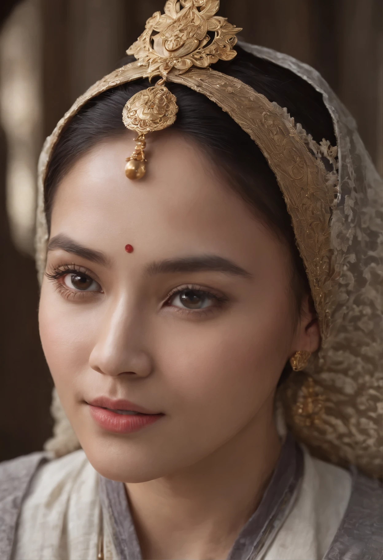 1female, Sundanese ethnicity, ancient java, a priest from the Pajajaran kingdom, with an elegant and dignified gaze, masterpiece, the best quality, (detailed face, detailed ayes, detailed skin texture, ultra-detailed body), realistic, 4k textures, HDR, best 8k, insane details, intricate details, hyperdetailed, hyper quality, great detail, ultra-detailed, soft cinematic light