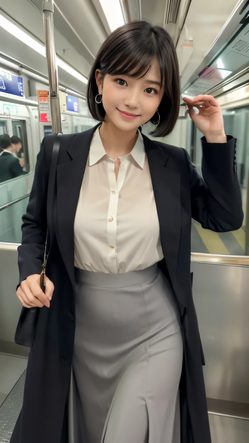Masterpiece, Best-quality, RAW-photo, Ultra-High-Resolution, Photorealistic, very delicate human skin, 
(Anatomically correct, -yeld, Restic Japanese girl, photographer's lover, She truly loves photographer, baby face,e, short height, thin waist, big breasts, Slender legs, Large breast, Realistic skin), 
((Spring outfit, female office worker, Maxi long skirt with slit, spring coat, flared blouse:1.3)), 
(maiko, Round face, Black hair, Black eyes, Moist eyes, Shining eyes, Short bob cut, Bangs, Down-slating eyebrows, one little earring, Light blush), 
(turn the body forward, See photographer, look at viewer, grab the bar on the train:1.3), 
(Elegant goddess smile), 
(Japanese Crowded train, packed commuters), 
Natural lighting, full length