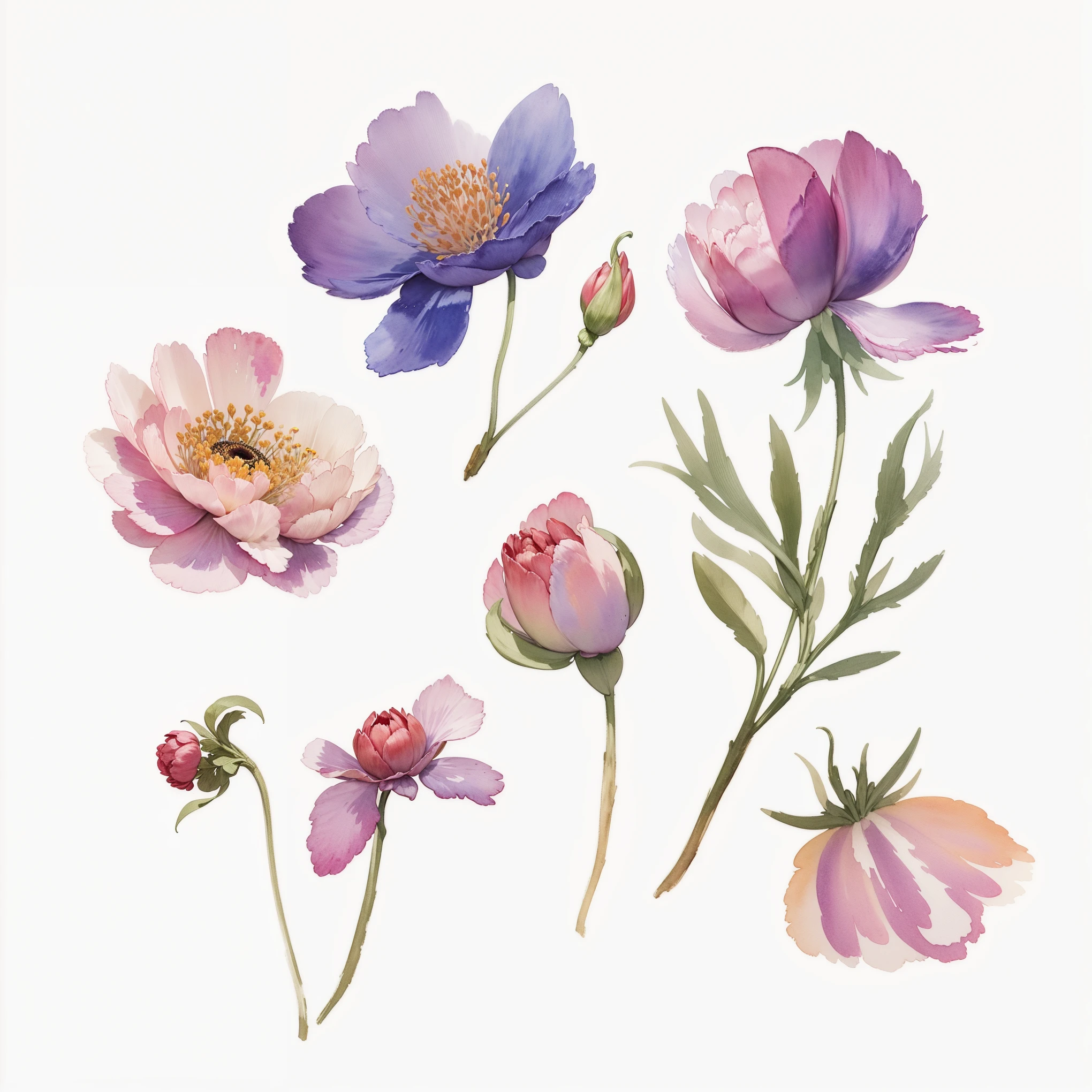 there are four different flowers that are painted on a white background, botanic watercolors, watercolor painting style, watercolor illustration style, watercolor illustration, watercolor style, anemones, watercolor artstyle, patchy flowers, peony flowers, stylized flowers, flower, flower elements, botanical, by Zofia Stryjenska, colored flowers, by Margit Anna