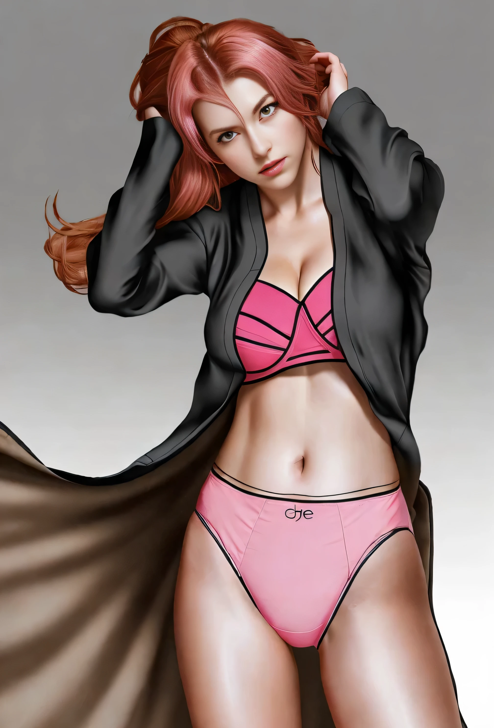 ((masterpiece, best quality)), ((29 year old)), (((Curvy))), ((Rangiku from Bleach)), ((Caucasian woman with long brunette hair)), adjusting hair, ((pink high cut cotton panties)), pink bra, black kimono, Blue eyes, (((photo realistic)))
