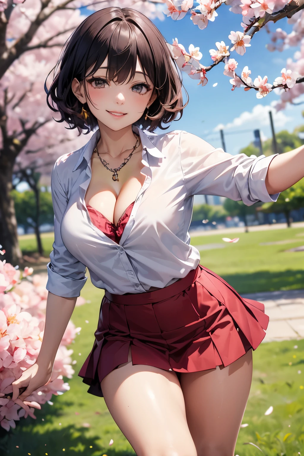 Under a cherry tree in full bloom, a mature woman in a white shirt and red miniskirt, short curly hair, red cheeks, staring at me, a masterpiece, cherry blossoms dancing, nice weather, necklace, cleavage, inner thighs, wiggling ,smile,