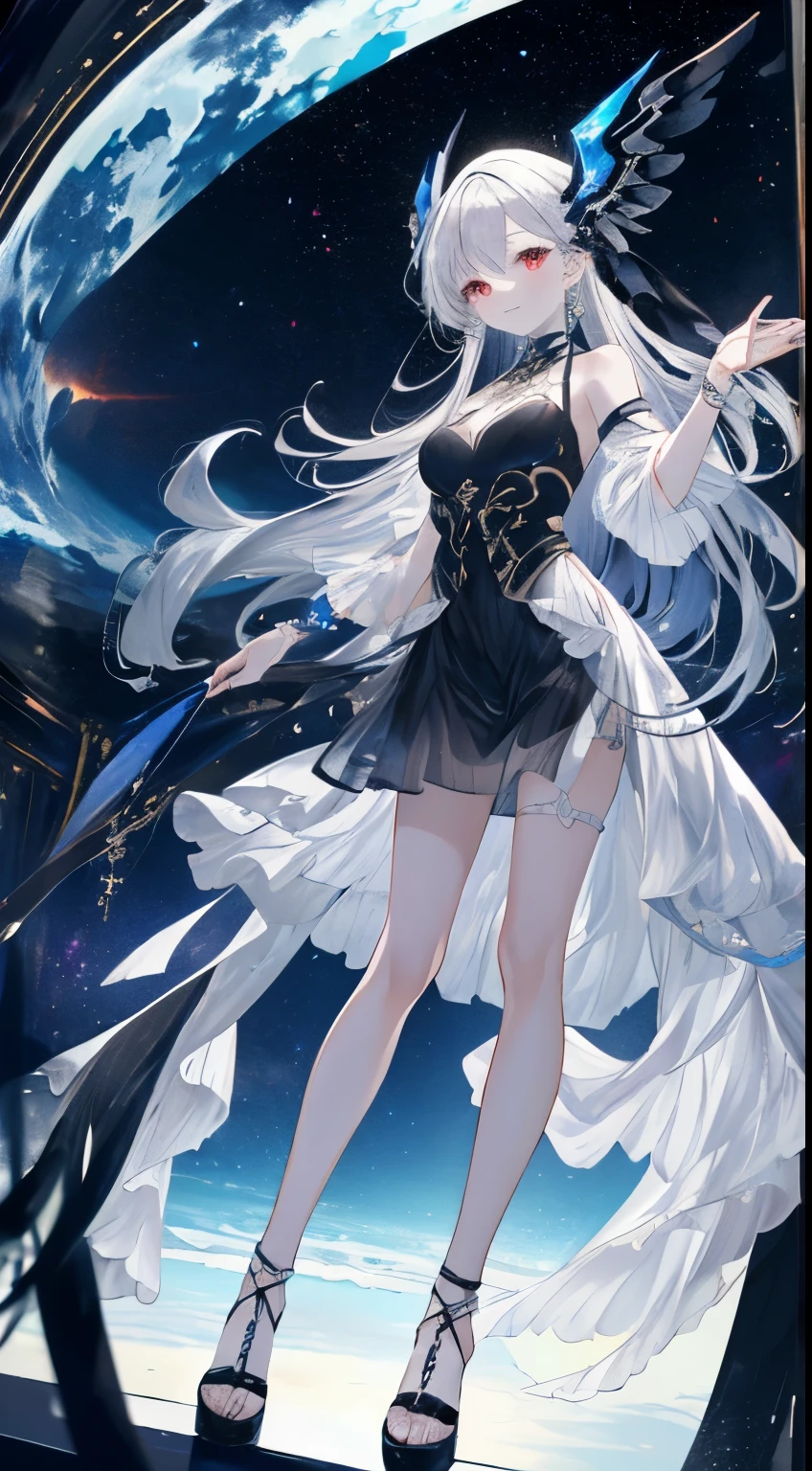 (simple hands:0.5)+(fine hands:0.7), (masterpiece), (highest quality), gray hair, red eye,1 girl, pale skin, gray hair, red eye, two tone hair, eyelash, bracelet, jewelry, smile, glowing skin, shiny hair, A detailed and spectacular stage, fantasy, long hair, 1 girl, two tone hair, night sky, 緻密なCGイラストのmasterpiece, I'm watching you, anime, beautiful anime eye, beautiful detailed eye, eye, glittering eye, red eye, Milky Way, nebula, (full body), (crooked),