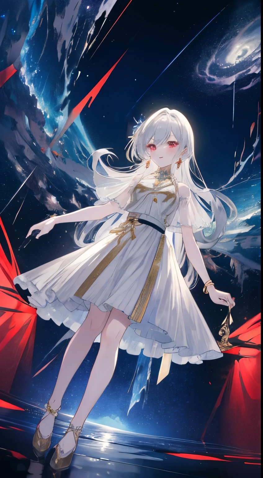 (simple hands:0.5)+(fine hands:0.7), (masterpiece), (highest quality), gray hair, red eye,1 girl, pale skin, gray hair, red eye, two tone hair, eyelash, bracelet, jewelry, smile, glowing skin, shiny hair, A detailed and spectacular stage, fantasy, long hair, 1 girl, two tone hair, night sky, 緻密なCGイラストのmasterpiece, I&#39;m watching you, anime, beautiful anime eye, beautiful detailed eye, eye, glittering eye, red eye, Milky Way, nebula, (full body), (crooked),