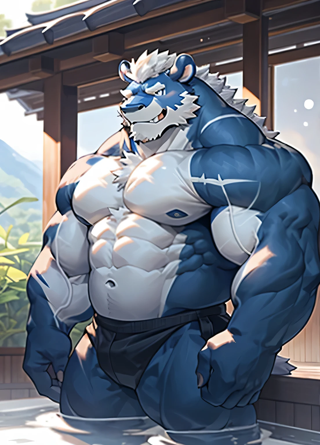 (masterpiece),Very detailed,(best quality)),(huge size),charming,background,16K,(high quality),face clear度,ox,male,personification,beautifully,Strong body,abdominal muscles,(Highlight the pectoral muscles),There are white ox horns,White milk on the body,(naked),black fur,black body,plump body arms,breast pump,With a piece of animal skin, all naked,Obvious muscle lines。plump thighs,Plump figure with smile,face clear,breast pump,Standing on the hot spring,White milk on the body