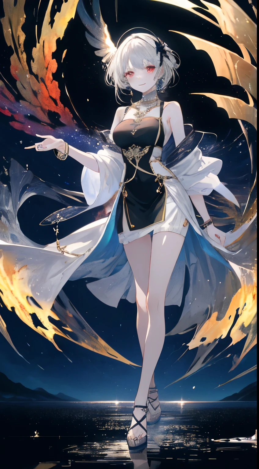 (simple hands:0.5)+(fine hands:0.7), (masterpiece), (highest quality), gray hair, red eye,1 girl, pale skin, gray hair, red eye, two tone hair, eyelash, bracelet, jewelry, smile, glowing skin, shiny hair, A detailed and spectacular stage, fantasy, long hair, 1 girl, two tone hair, night sky, 緻密なCGイラストのmasterpiece, I'm watching you, anime, beautiful anime eye, beautiful detailed eye, eye, glittering eye, red eye, Milky Way, nebula, (full body), (crooked),