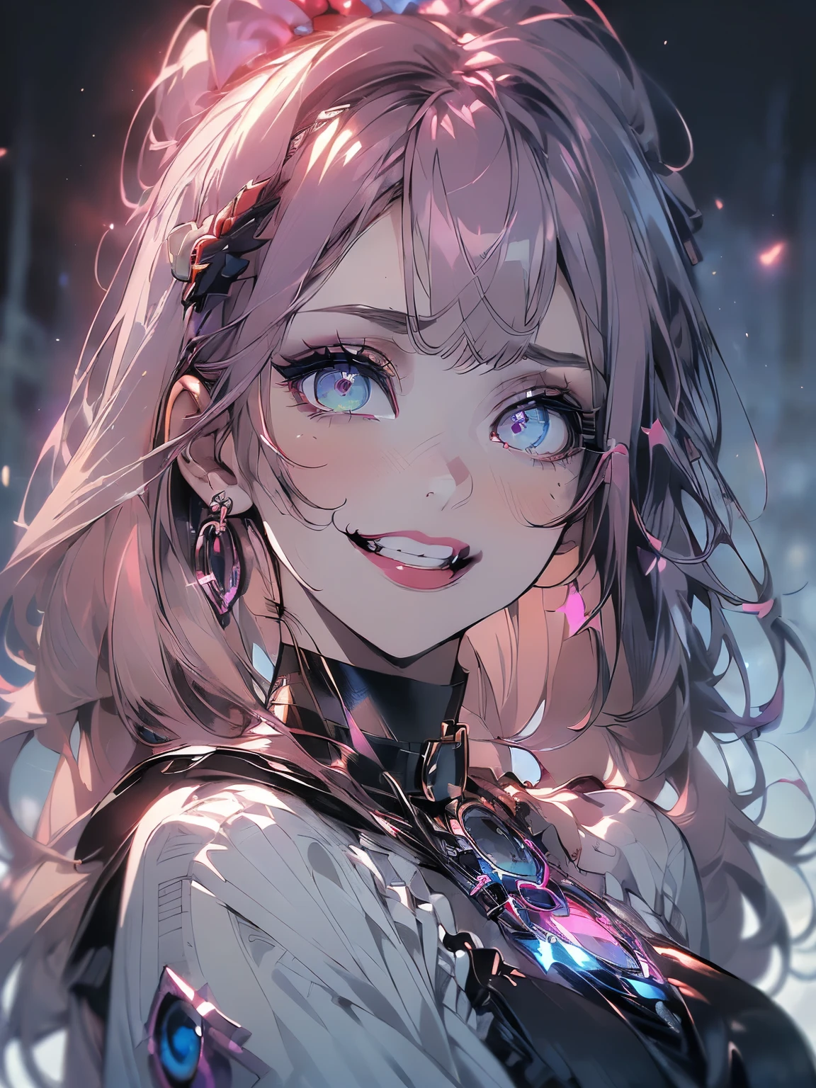scene:0.9, (masterpiece), highest quality, (((Super detailed, 8K quality))), looking at the viewer, (sense of depth:0.7, black background,), ((body)), ((in the center)), shining eyes, ((enchanting eyes, smile, close, ネックchoker, ((software)), oversized black jacket, face focus, (clenched teeth), (devious smile, evil eye), At night, dark, woman, high contrast color, hair above one eye, red eyes, clear eyes, choker, , woman1名, Full body Esbian,blue eye background, big and full breasts, anger, (scarlet hair), long hair, purple eyes, (natural skin texture 鮮やかな詳細, surreal, (realistic detailed eyes, natural skin texture, realistic facial details),surreal, 35mm movie, hazy blur, (lipstick, eye shadow, red pink lips),多色のred eyes, purple theme,Wear an iridescent aura,beautiful eyes,bold pose、decide on a pose,upper ponytail,hanging bangs