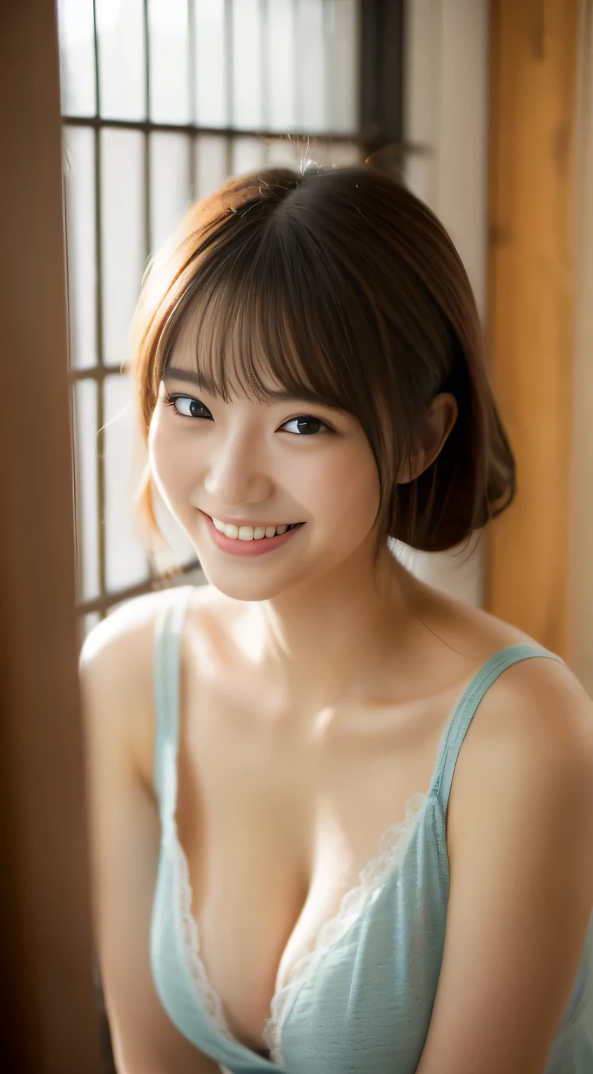 masterpiece,best quality,(Japanese ),((Beautiful girl)),cleavage,indoor,(perfect body beauty:1.2),(shy smile),beautiful teeth,