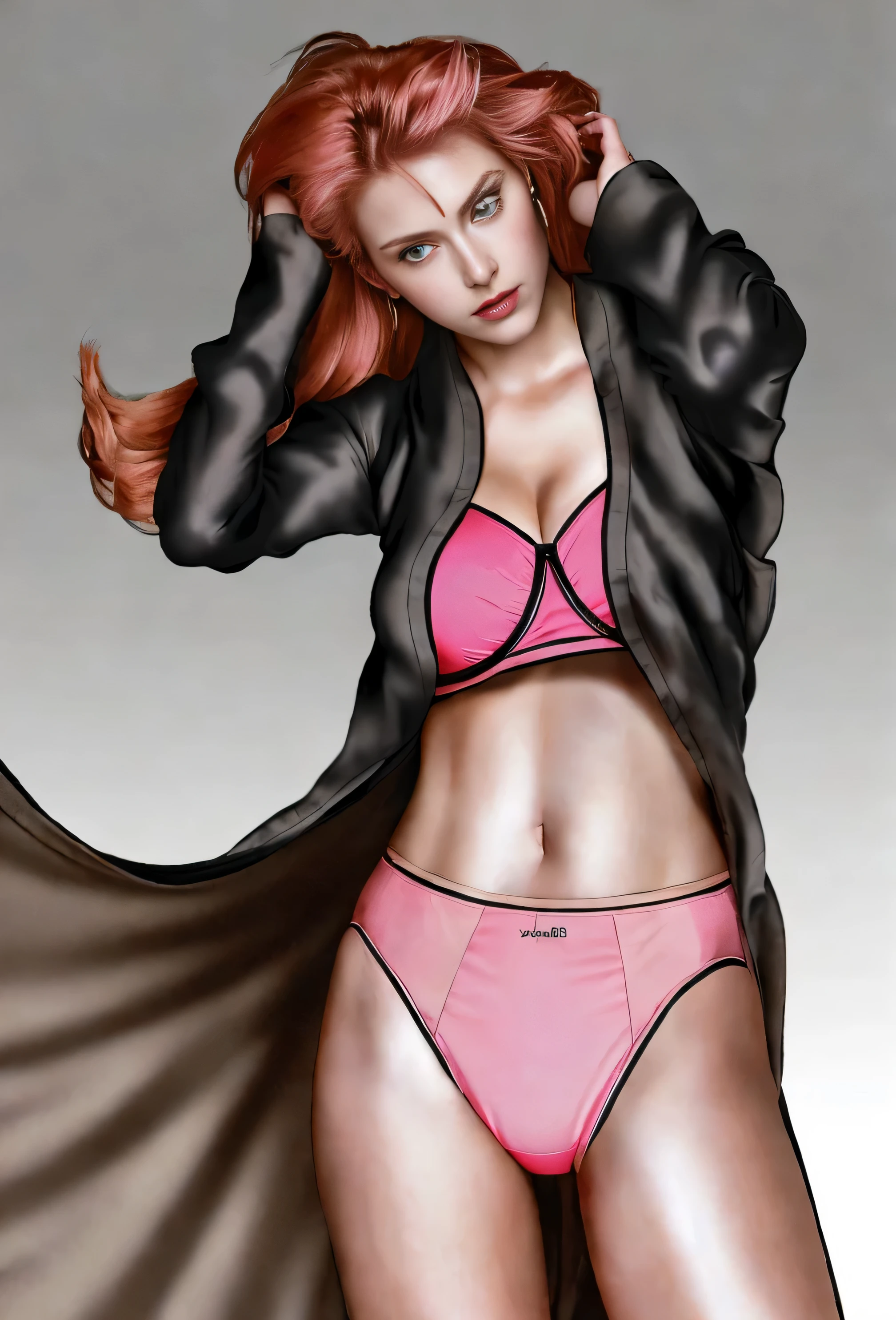 ((masterpiece, best quality)), ((29 year old)), (((Curvy))), ((Rangiku from Bleach)), ((Caucasian woman with long brunette hair)), adjusting hair, ((pink high cut cotton panties)), pink bra, black kimono, Blue eyes, (((photo realistic))), ((80's film, 80's movie scene, 80's TV Style))