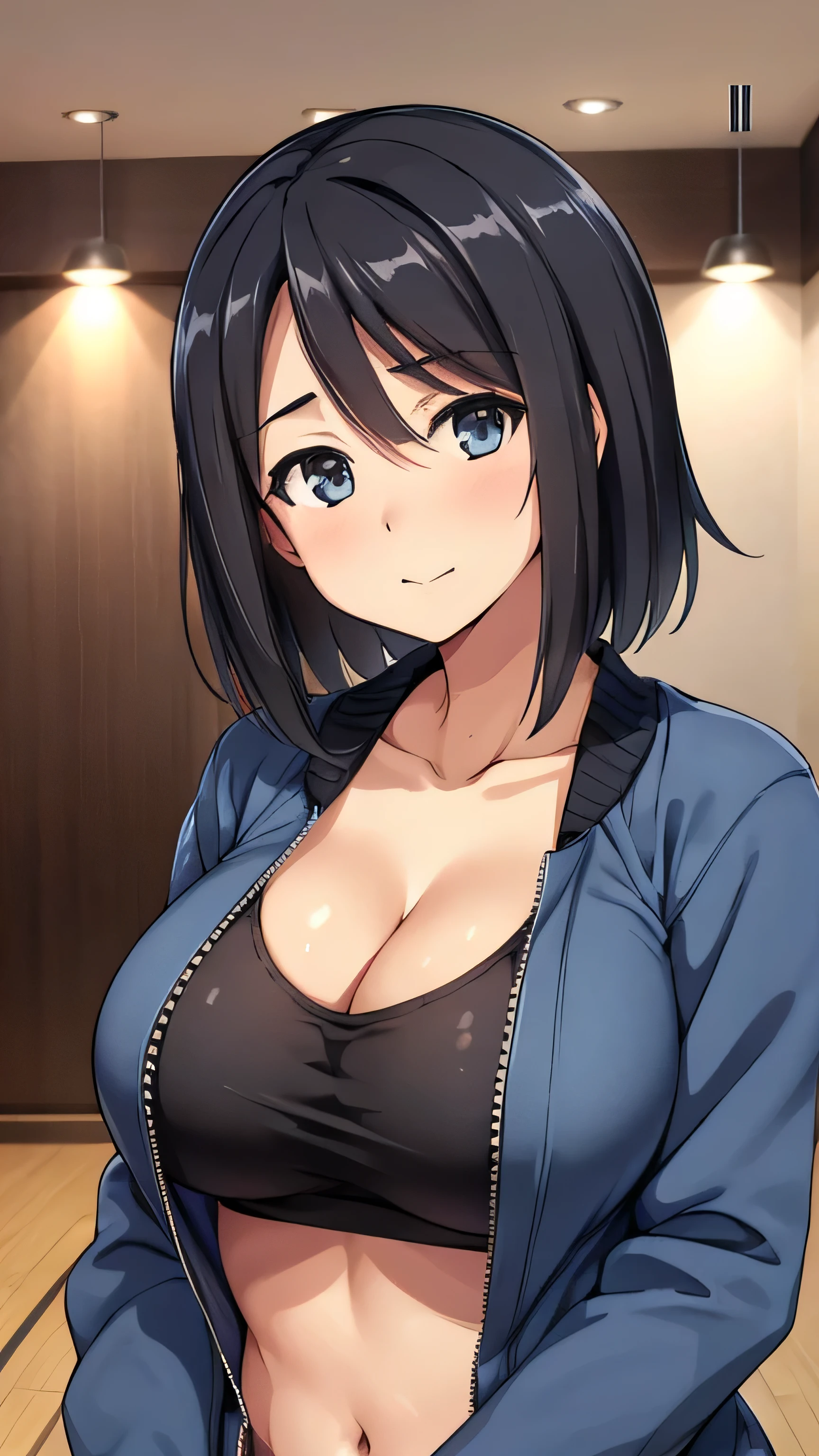 (((masterpiece))),fuyumi itadori, Anime girl characters, 1girl, solo, looking at viewer, medium hair,black hair,Yellowstone eyes, long sleeves, cleavage, bigger breasts, closed mouth, collarbone, jacket, open clothes, open jacket, blue jacket, ground vehicle, sports bra, tall girl, horny, big ass, beautiful face,Charming, Tight-fitting clothing, hd picture, 4k quality, details of the face is so good,