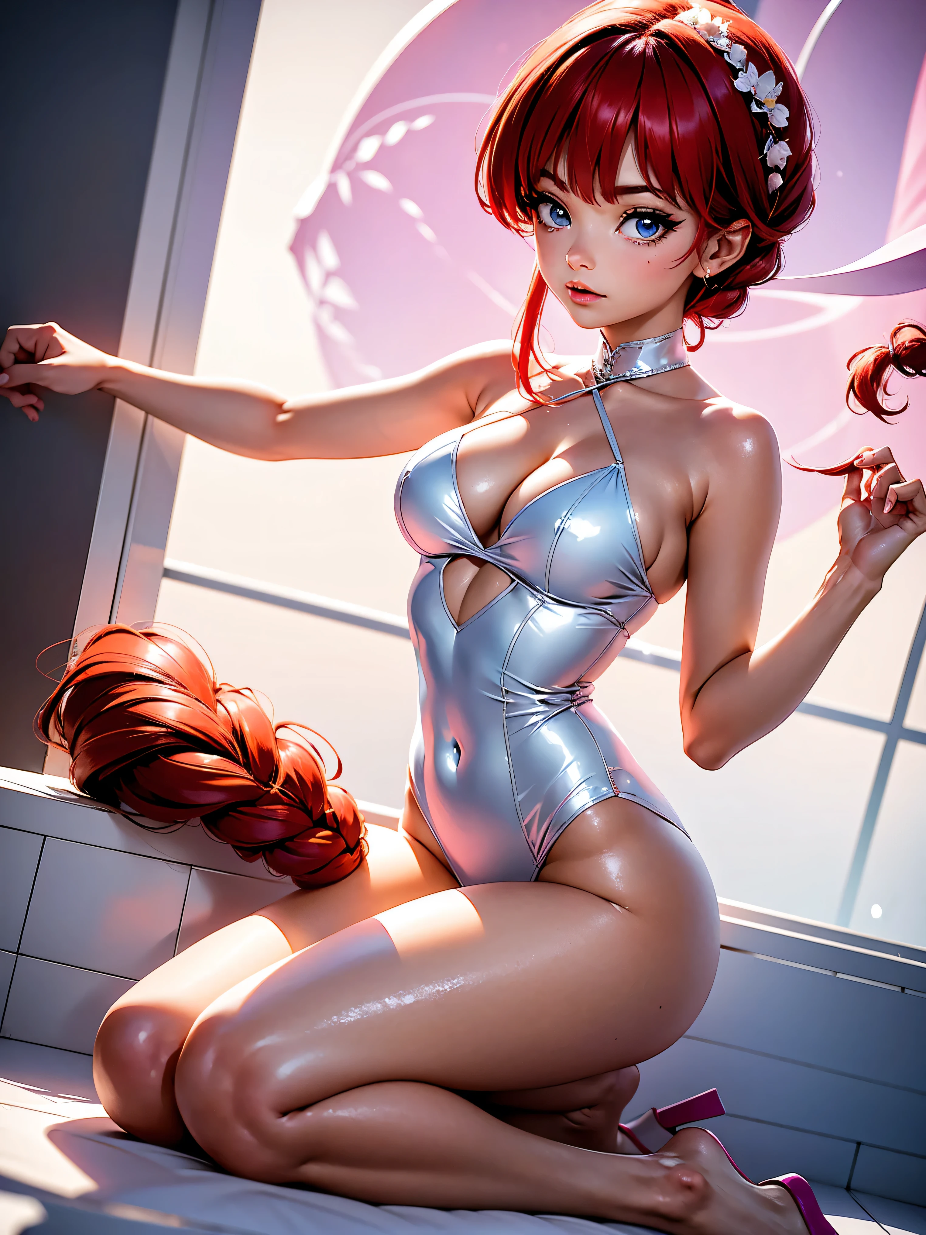Garota anime ruiva com orelhas de gato e vestido longo pink e purple de casamento com corselet, saia, , corpo bonito, seios grandes, with hands behind head, running your hands through your hair, Garota sexy, red short hair with braid, mechas de cabelo laterais, mechas de cabelo na lateral do rosto, beautiful lighting, sombras suaves, olhos azuis, pernas bonitas, short hair with braid, estilo anime, Ranma Chan, Autora Rumiko Takahashi, Baseado em obra de Rumiko Takahashi, Anime Ranma 1/ 2, decote sexy, quadril robusto, corpo inteiro, corpo inteiro, busto grande, garota jovem com orelhas de gato, corpo belo e bonito, sandals on his feet, garota 16 anosbaixa estatura, usando vestido longo pink e purple, garota anime, estilo anime, beautiful feet in sandals, 45° viewing angle, ao ar livre, red hair braid