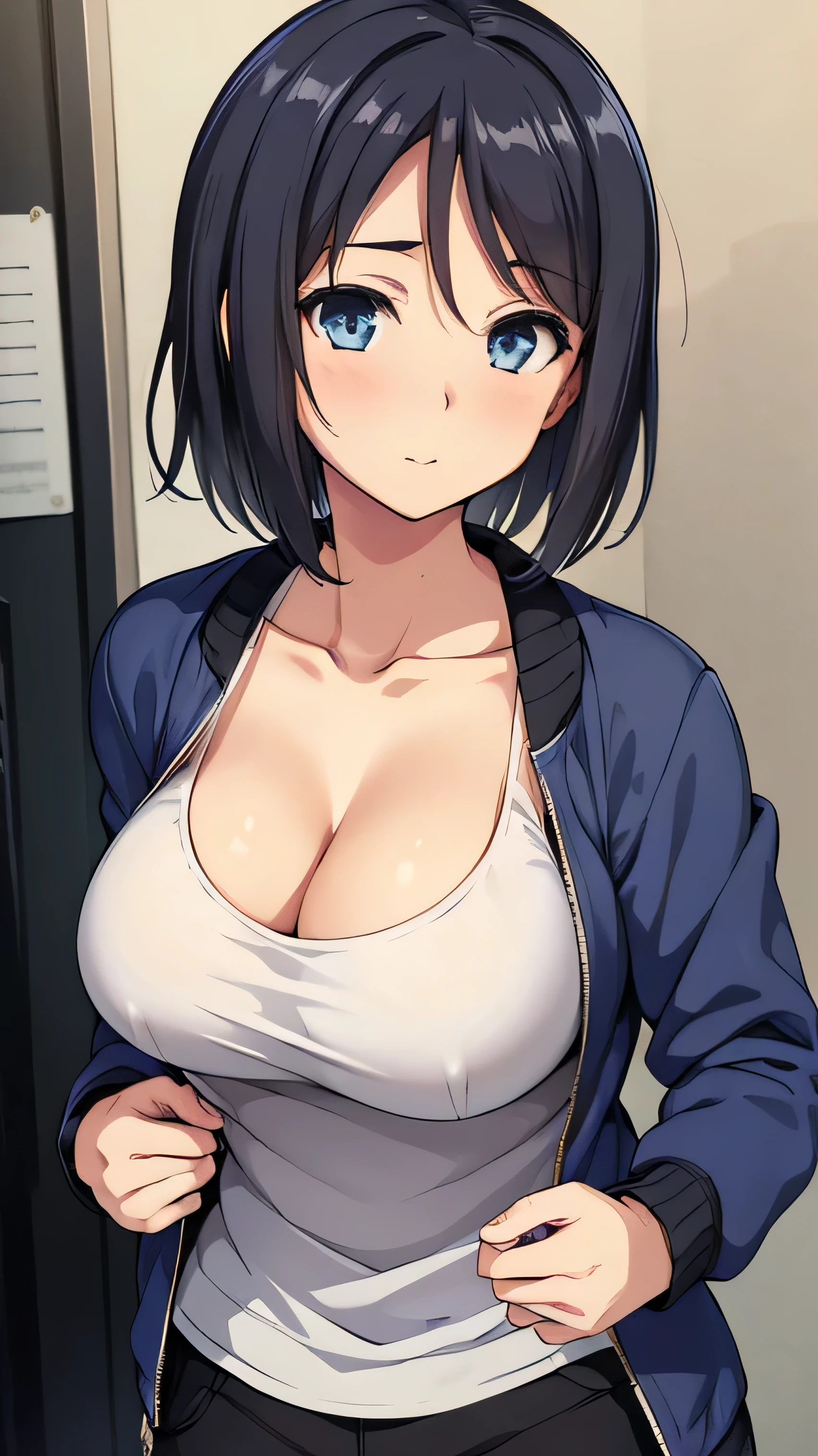 (((masterpiece))),fuyumi itadori, Anime girl characters, 1girl, solo, looking at viewer, medium hair,white hair,blue eyes, long sleeves, cleavage, bigger breasts, closed mouth, collarbone, jacket, open clothes, open jacket, blue jacket, ground vehicle, sports bra, tall girl, horny, big ass, beautiful face,Charming, Tight-fitting clothing, hd picture, 4k quality, details of the face is so good,