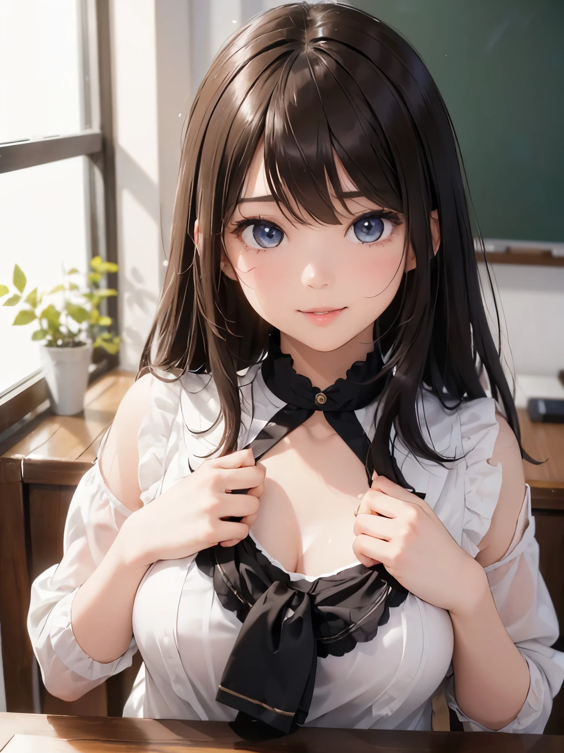 (Highest quality: 1.3), (masterpiece: 1.3),8K,Cinematic lighting,Official Art,One Young Woman, 14 years old, A face that looks young、double eyelid、Fine grain、Glossy lips、Long brown hair, Open blouse,Short sleeve,Pleated skirt,(Ultra Mini Skirt:1.5), sitting at a desk in the classroom, (smile),(Slim body:1.2)、(Thin arms:1.2)、Large Breasts、(Cleavage:1.3)、White lace panties are visible、Spreading her legs、Floated skirt、
