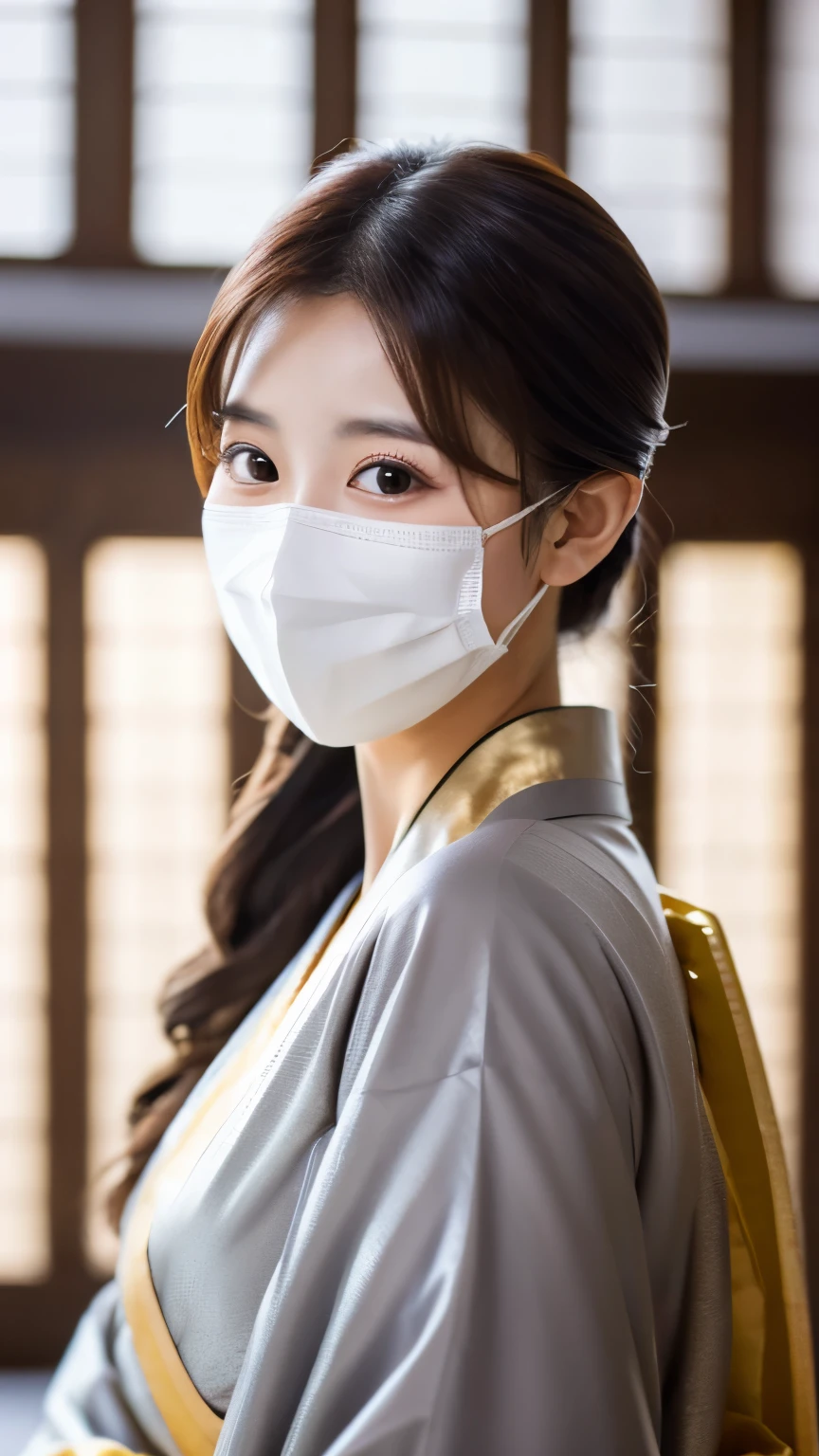 UHD, Extreme close-up of cute Korean female,Chest size 32 inches, ponytail, gray eyes, slightly smile, wearing silver and gold kimono standalone in Japanese castle, wearing mouth mask, blurred background