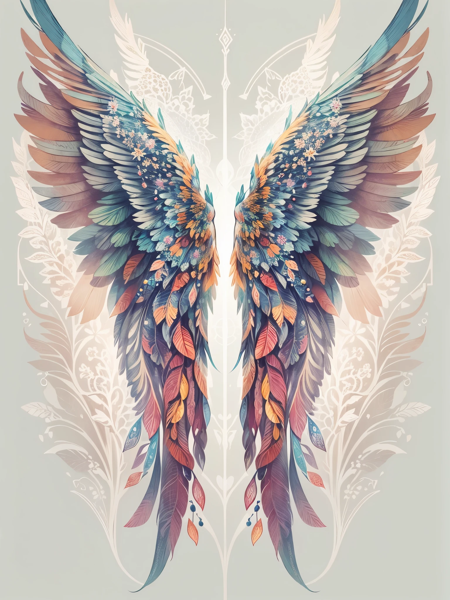 Beautiful illustration of angel wings, tribal style, vibrant masterpiece, transparent background