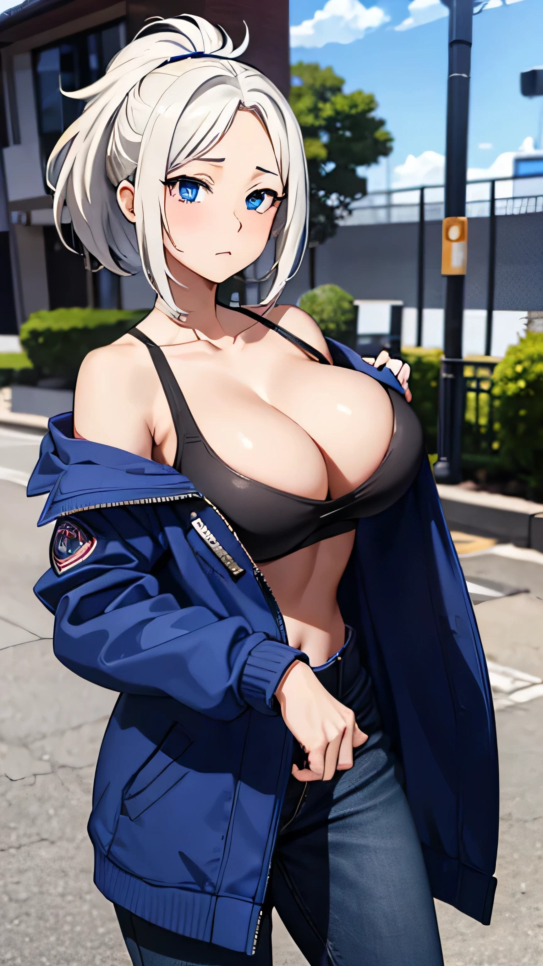 (((masterpiece))),fuyumi itadori, Anime girl characters, 1girl, solo, looking at viewer, medium hair,white hair,blue eyes, long sleeves, cleavage, bigger breasts, closed mouth, collarbone, jacket, open clothes, open jacket, blue jacket, ground vehicle, sports bra, tall girl, horny, big ass, beautiful face,Charming, Tight-fitting clothing, hd picture, 4k quality, details of the face is so good,