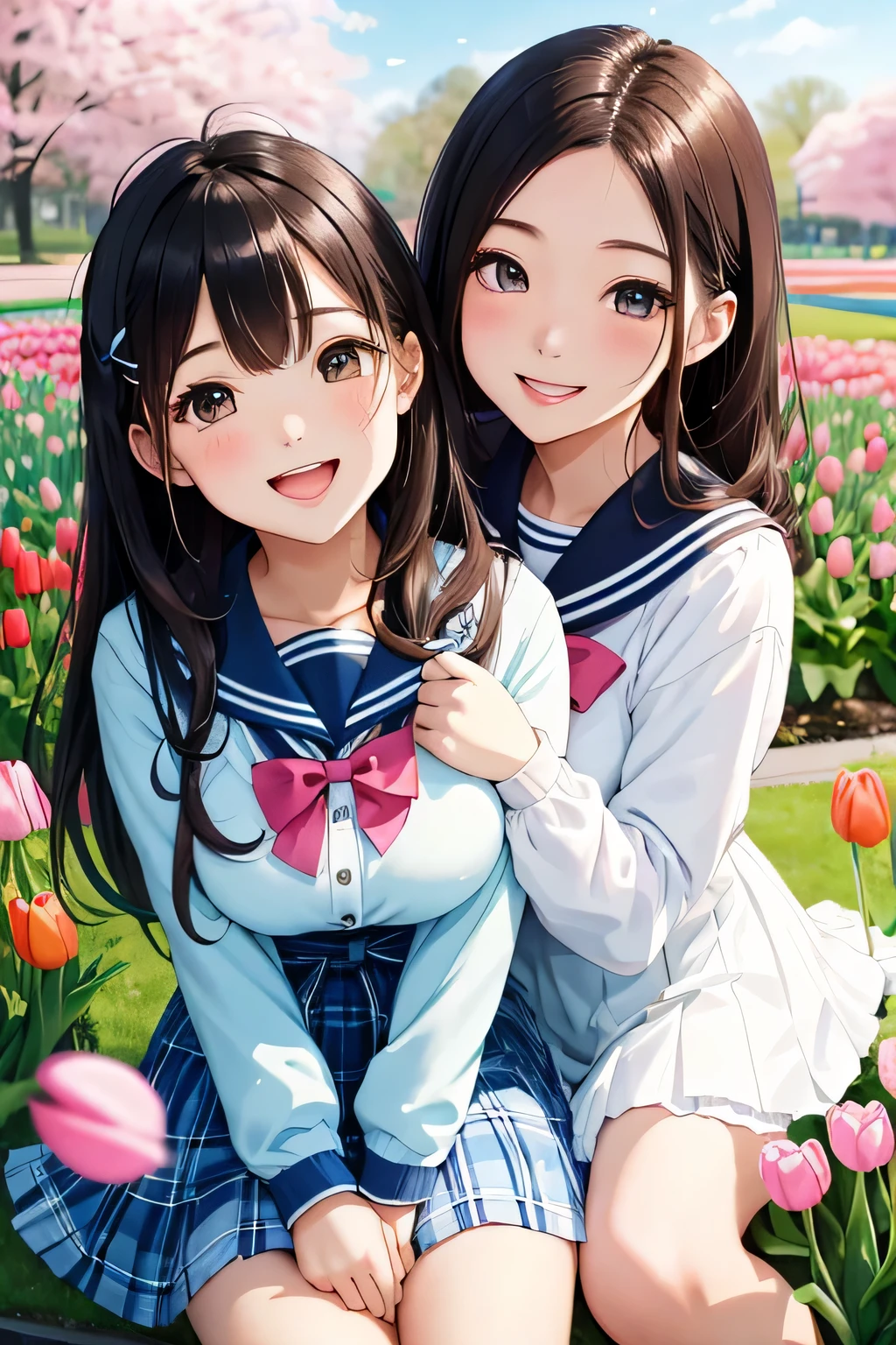 (highest quality:1.5)、ultra high resolution、detailed background、masterpiece、anatomically correct、(Detailed beautiful face:1.4)、cute 20's beauty、brown hair、braided bob、(huge breasts:1.3)、realistic、perfect body line、attractive woman、
(Two women having fun with happy expressions:1.5)、cowboy shot、
Look at me with a happy expression、smile、A big smile、cute、The gesture of fixing hair that has been disturbed by the wind、cute gesture、
Cute colored sailor suit、white sailor collar、plaid pleated hort sleeve、Cute colored school cardigan、petticoat、white knee high socks、Chiffon and chic color ribbon barrette、 The Tulip Festival takes place in April at Keukenhof Gardens in the Netherlands.、Enjoy the beautiful scenery of millions of tulips in full bloom、cute