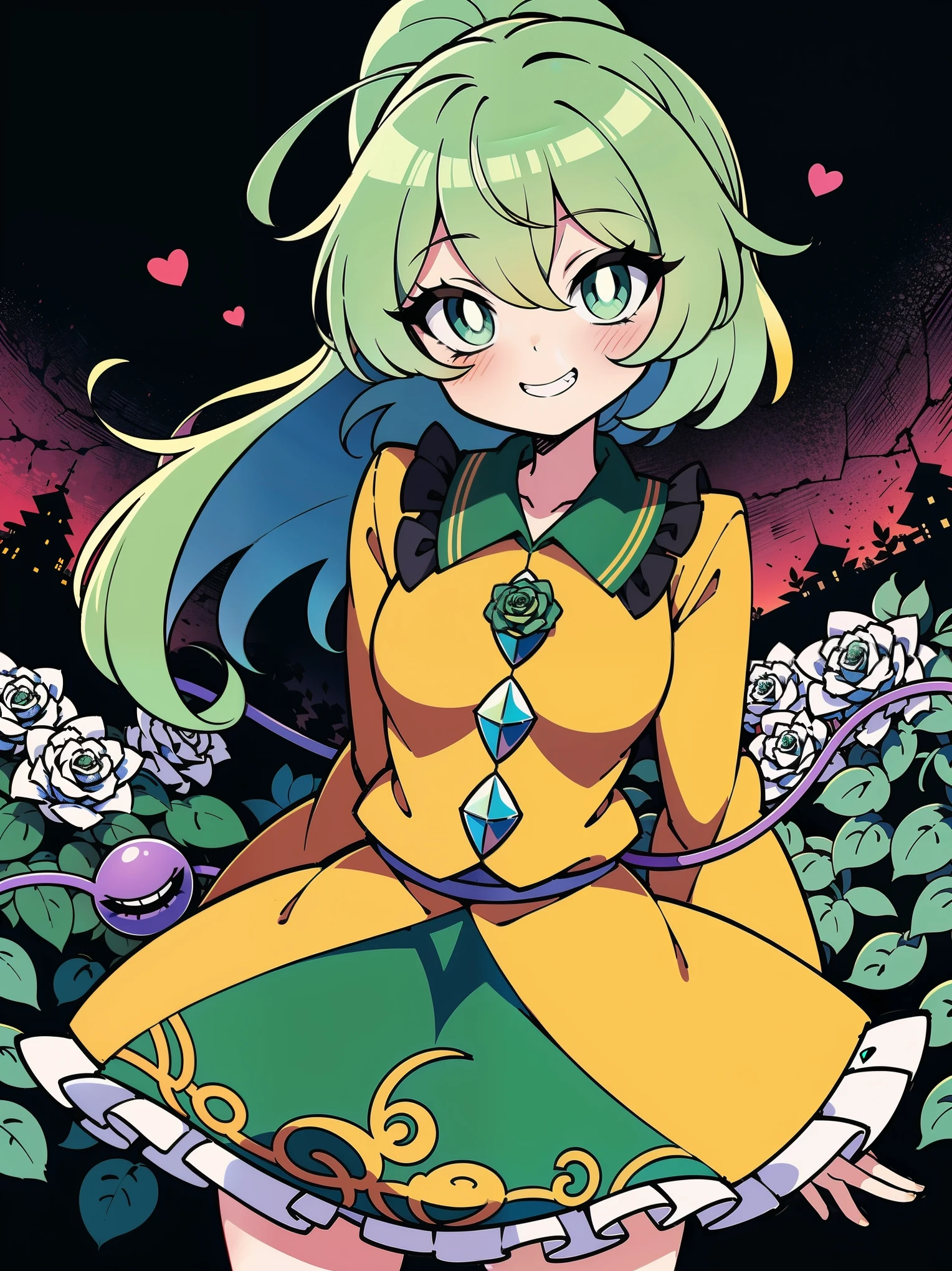 (Cowboy shot), (ultra-high resolution, depth of field:1.2), looking at viewer, (komeiji koishi:1.1), Touhou project, medium breasts, (dark green eyes), white pupils, glowing eyes, green hair, wavy hair, (long hair), ponytail, (wearing a white summer dress:1.2). A closed blue-purplish "third eye" is positioned over her heart, with cords wrapped around her torso and attached to each of her ankles, (blue roses in the background), garden scenery, grinning, squinting eyes