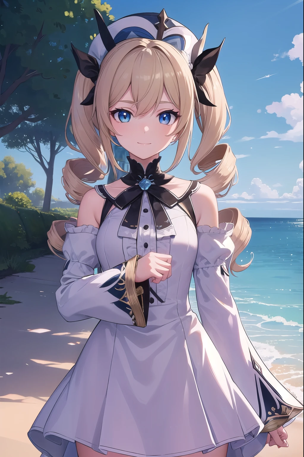 genshinbarbara, barbara, long hair, bangs, blue eyes, blonde hair, hair between eyes, twintails, sidelocks, drill hair, light brown hair, twin drills, smile,
BREAK long sleeves, hat, dress, bow, detached sleeves, white dress, detached collar, vision \(genshin impact\),
BREAK outdoors,
BREAK looking at viewer, (cowboy shot:1.5),
BREAK (masterpiece:1.2), best quality, high resolution, unity 8k wallpaper, (illustration:0.8), (beautiful detailed eyes:1.6), extremely detailed face, perfect lighting, extremely detailed CG, (perfect hands, perfect anatomy),