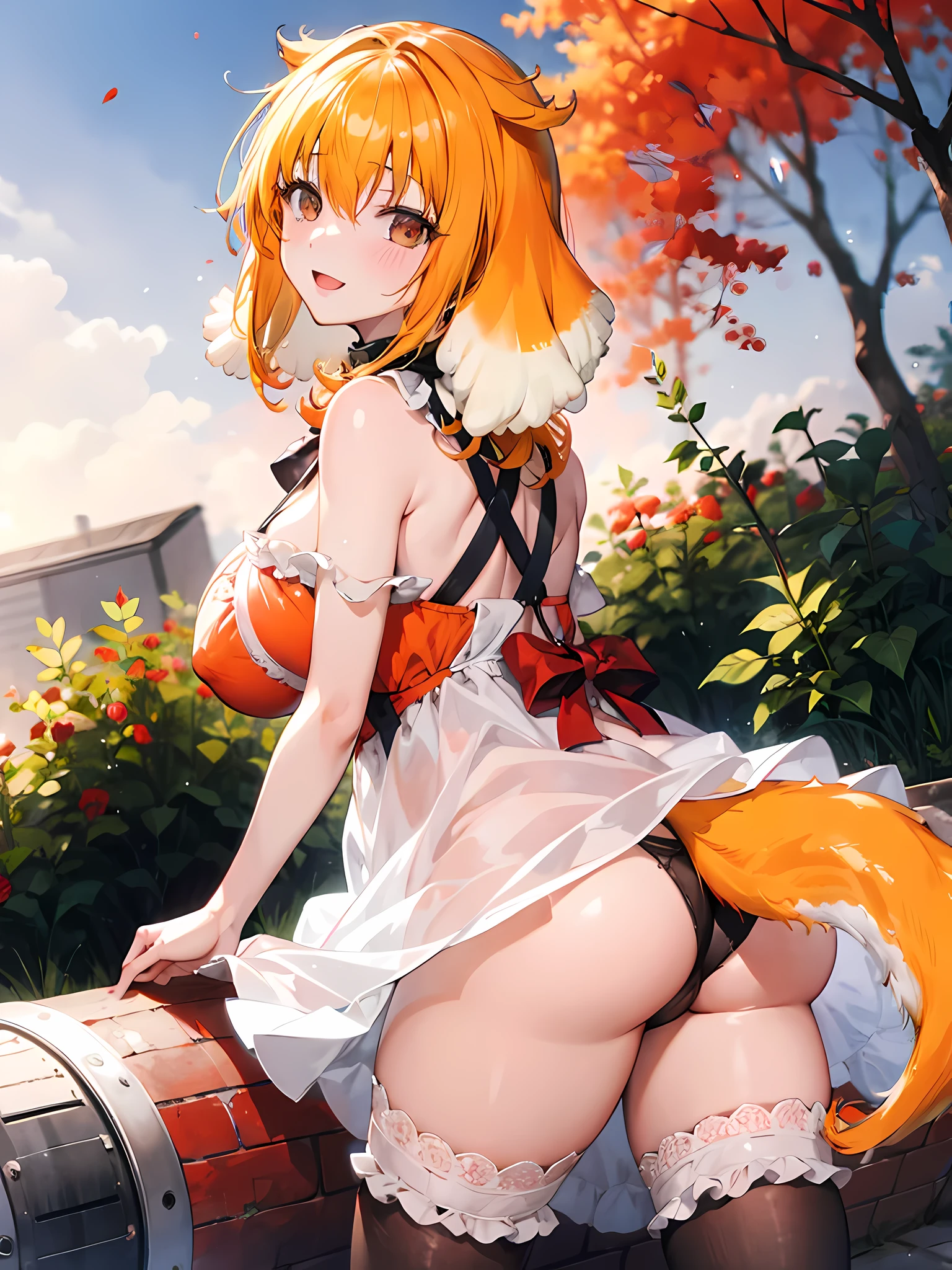 masterpiece, best quality, roxanne, dog ears, collar, sundress, looking at viewer, garden, autumn, sunset, large breasts, ass, smile edgYSD, woman wearing a sundress, very voluminous very fluffy dog tail, dog tail starts immediately above butt, dog tail starts from skin, entire dog tail visible, short hair, nsfw, bloomers, flushed skin, blushing face, lewd smile, slightly open mouth