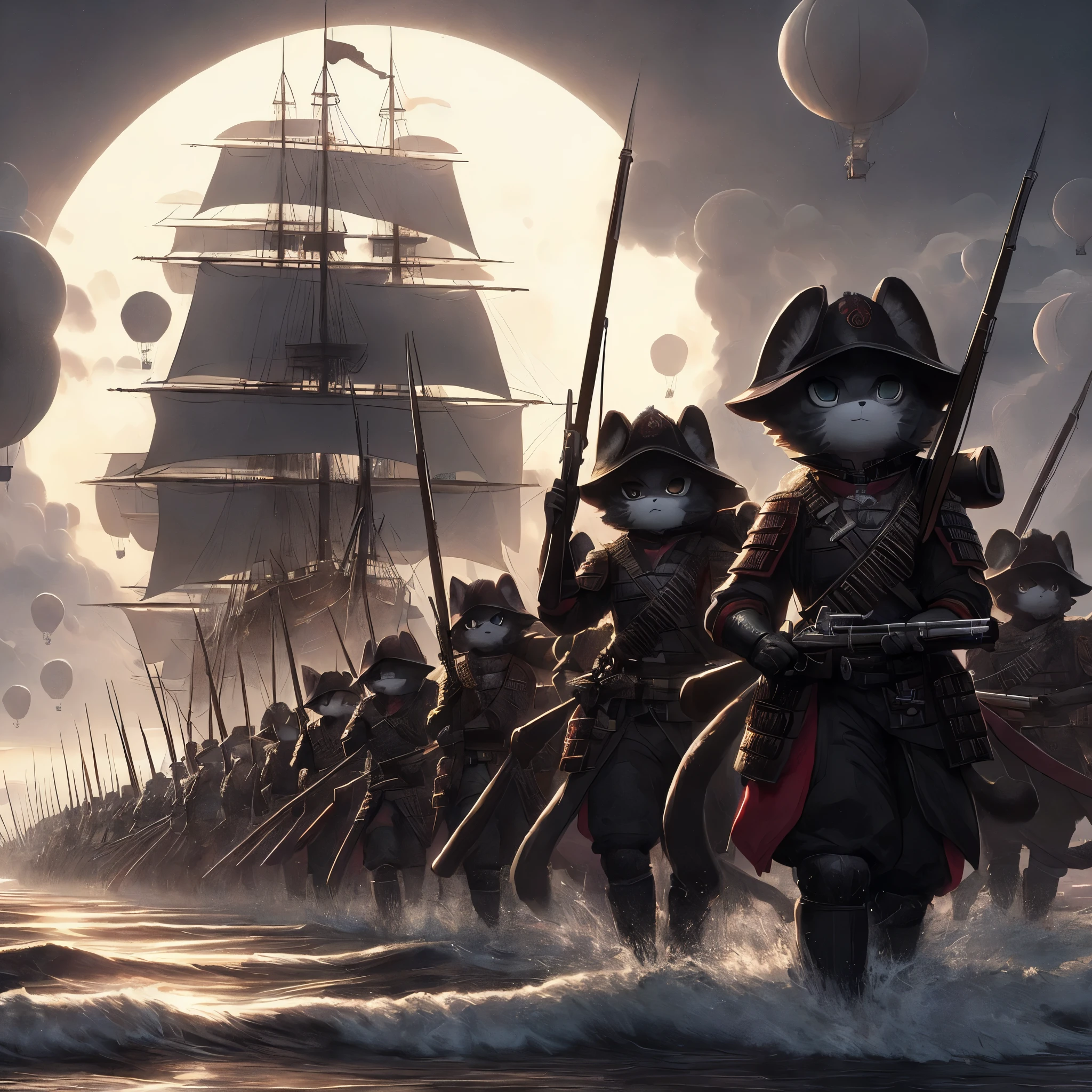 Landing of an army made of anime kemono style anthropomorphic cats, using muskets and heavy black and red samurai armor, leaving the water and heading to land, at dawn, during the full moon, on a beach, large galleons in the distance, white balloons air that fly in the sky to monitor, wide and historical image, anime style, dark and gloomy lighting