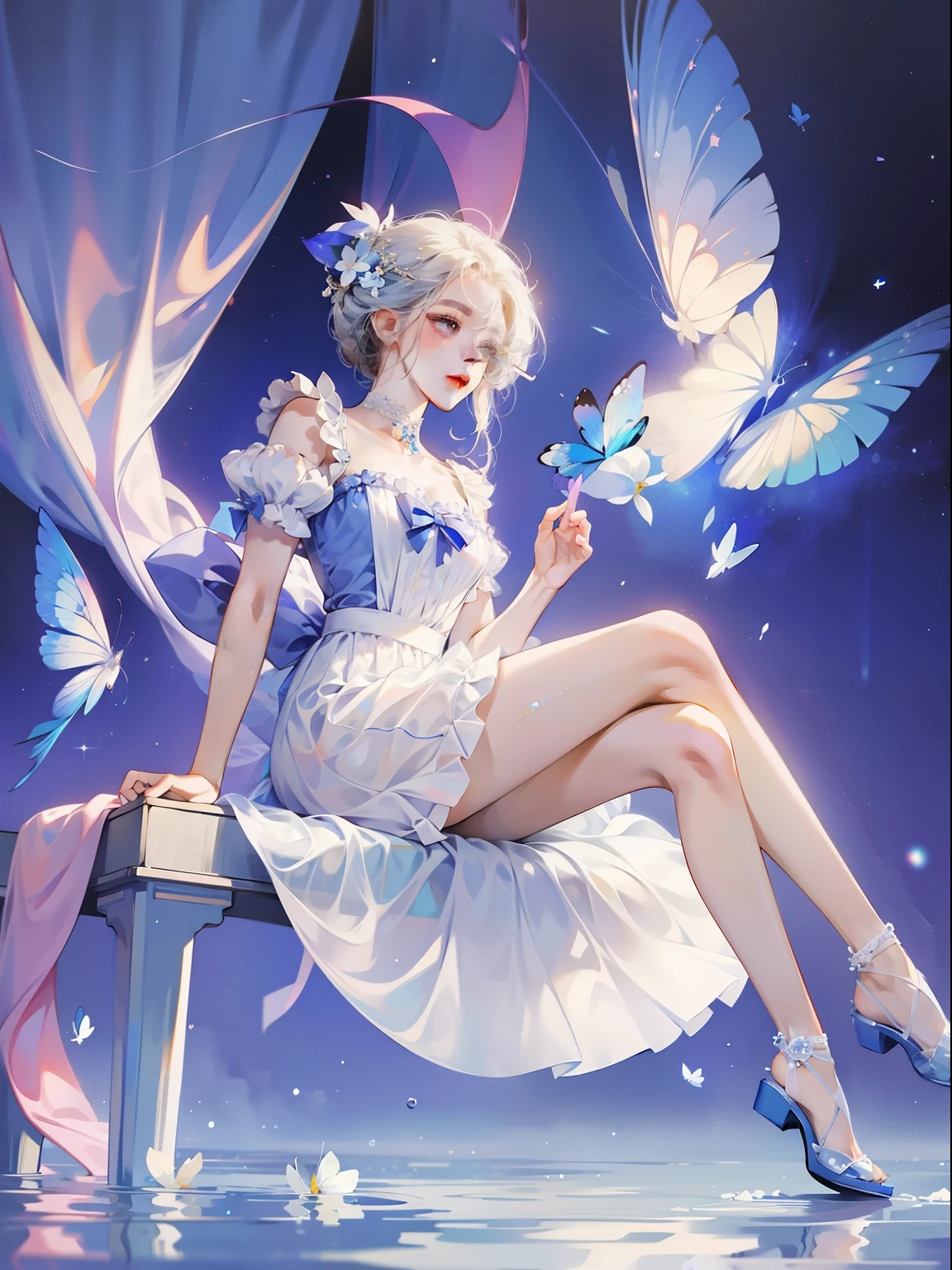 1 girl，clear water，blue butterfly，Pure white gauze skirt，sparkling，sit in the air
