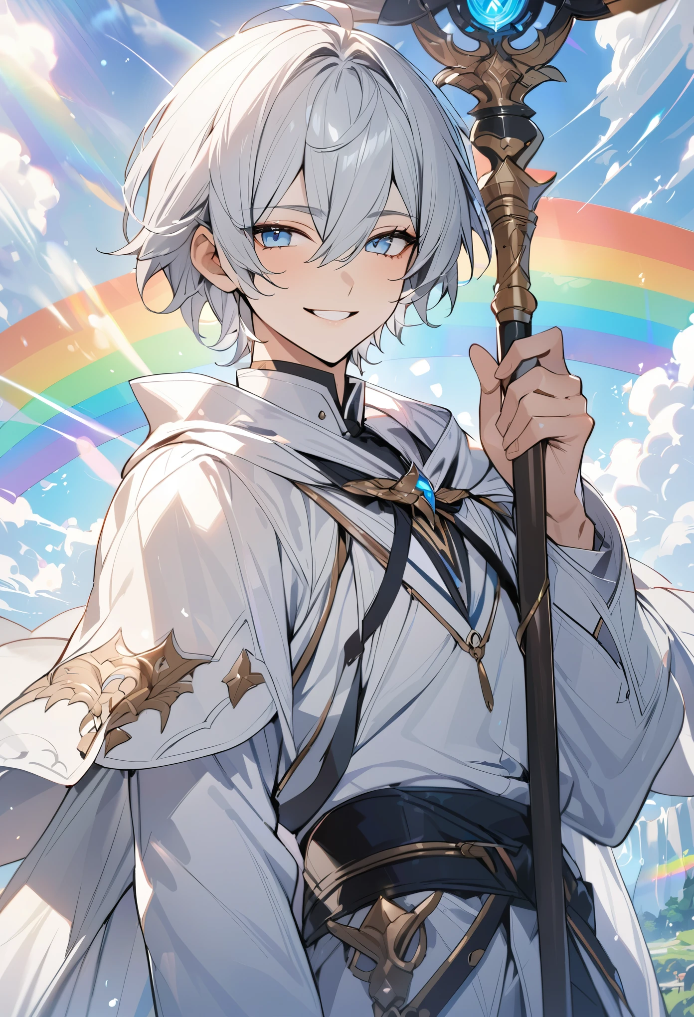 Masterpiece, highres, best quality, official, details, solo, handsome, male, short hair, white hair, smile facial, light blue eyes, rainbow, white shirt, white cloak, mage, sky, fantasy staff