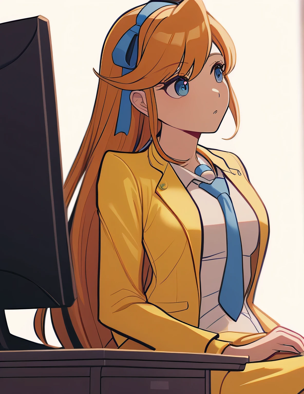 aacykes, hair ribbon, 
necktie, yellow jacket, yellow skirt,
1girl, thinking, sitting, computer,
masterpiece, best quality